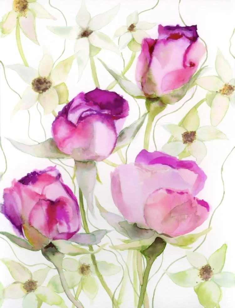 Watercolor painting of pink spray roses with white and light green flowers in the background.