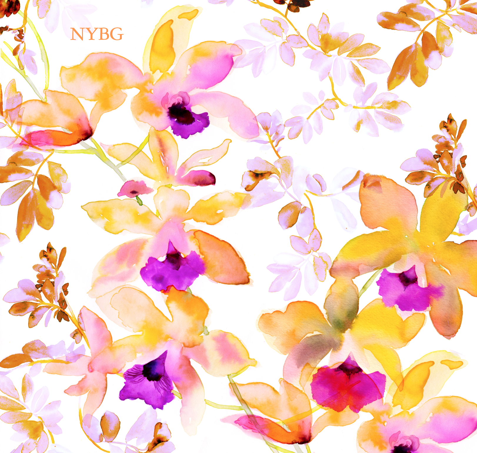 Watercolor painting of colorful orchids and leaves in shades of pink, purple, yellow, orange, and brown on a white background with the text 'NYBG' in the upper left corner.