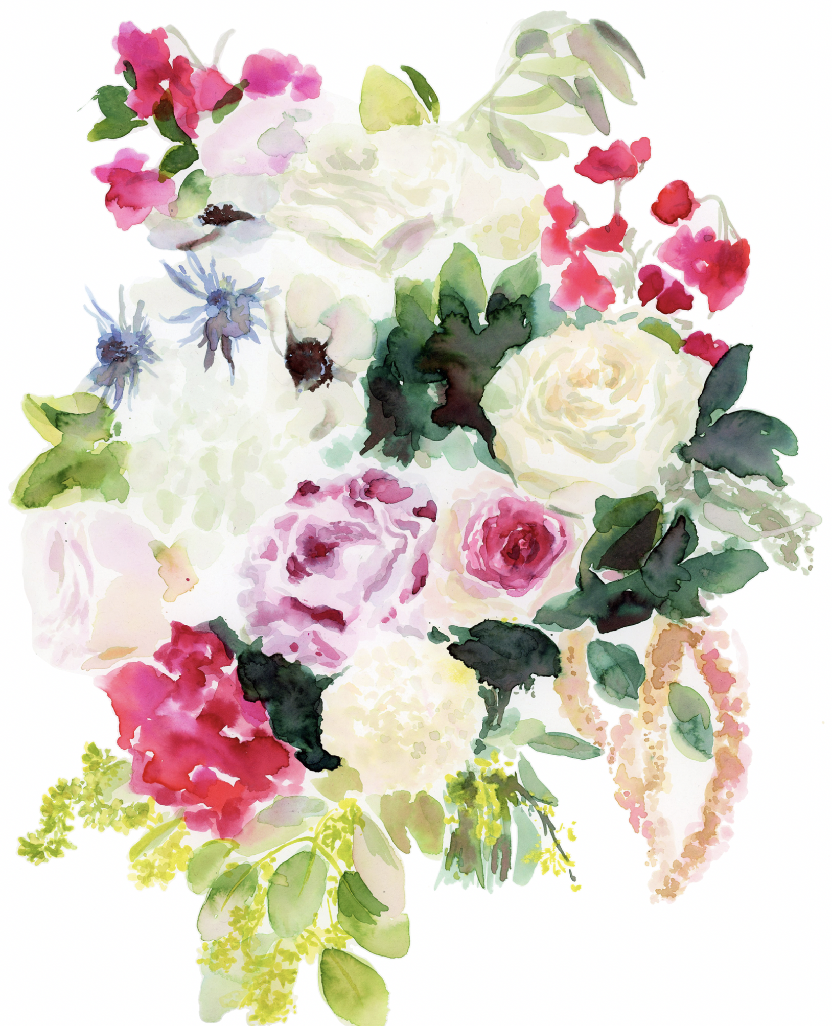 Watercolor painting of a bouquet of various flowers, including roses, and greenery.
