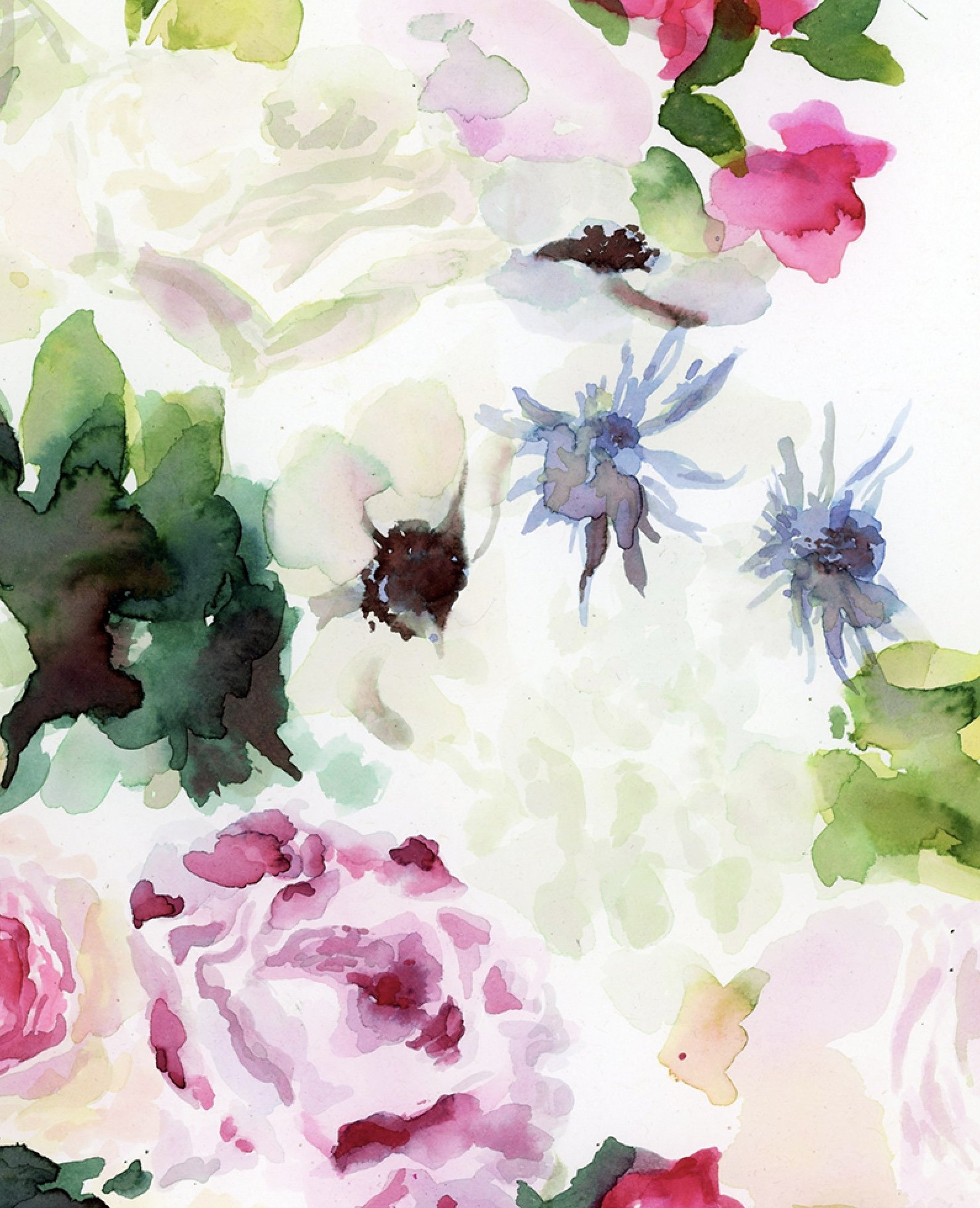 Watercolor painting of various flowers, including pink roses, green leaves, and floral accents with soft, blended colors.