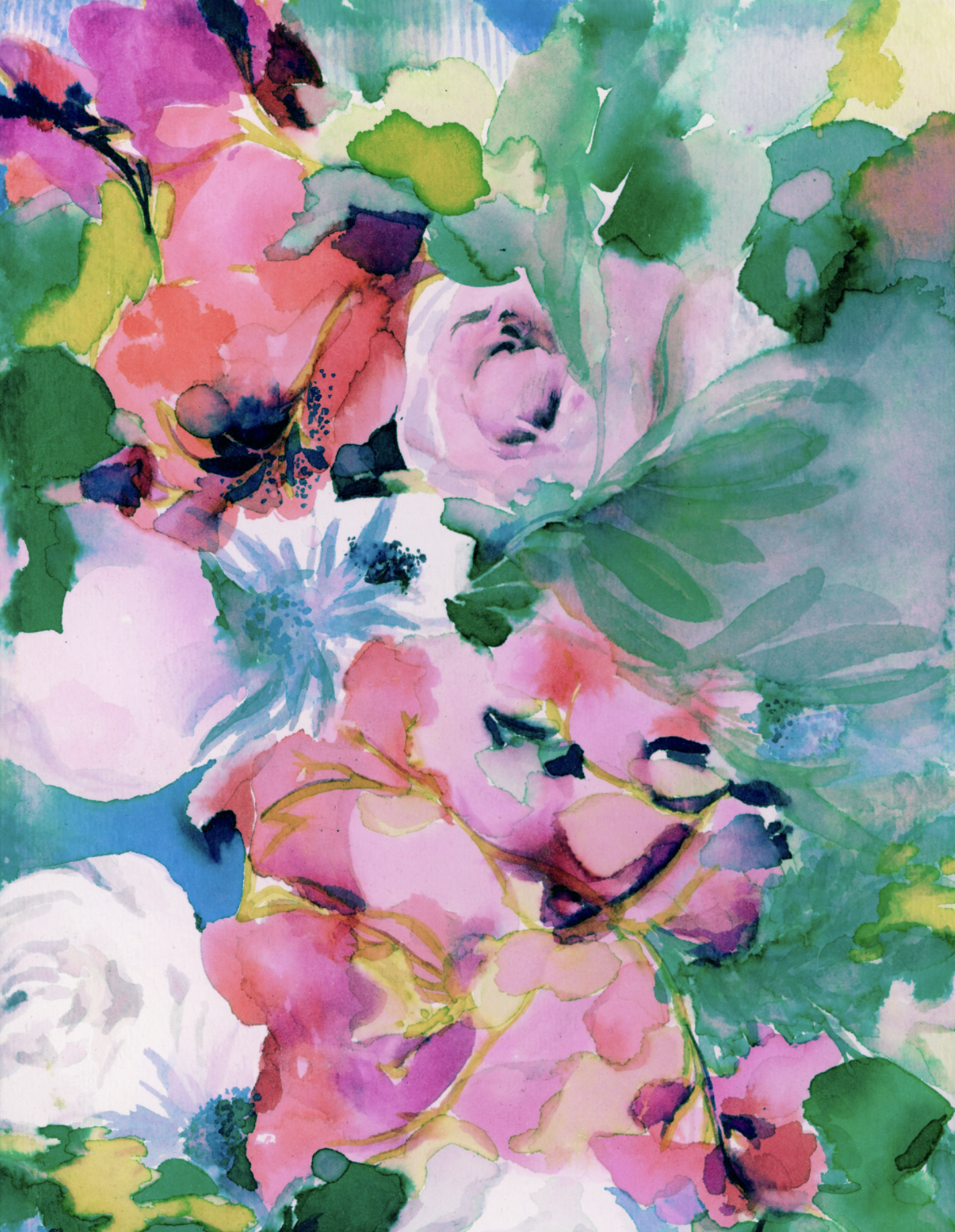 A vibrant watercolor painting of various colorful flowers and green leaves.