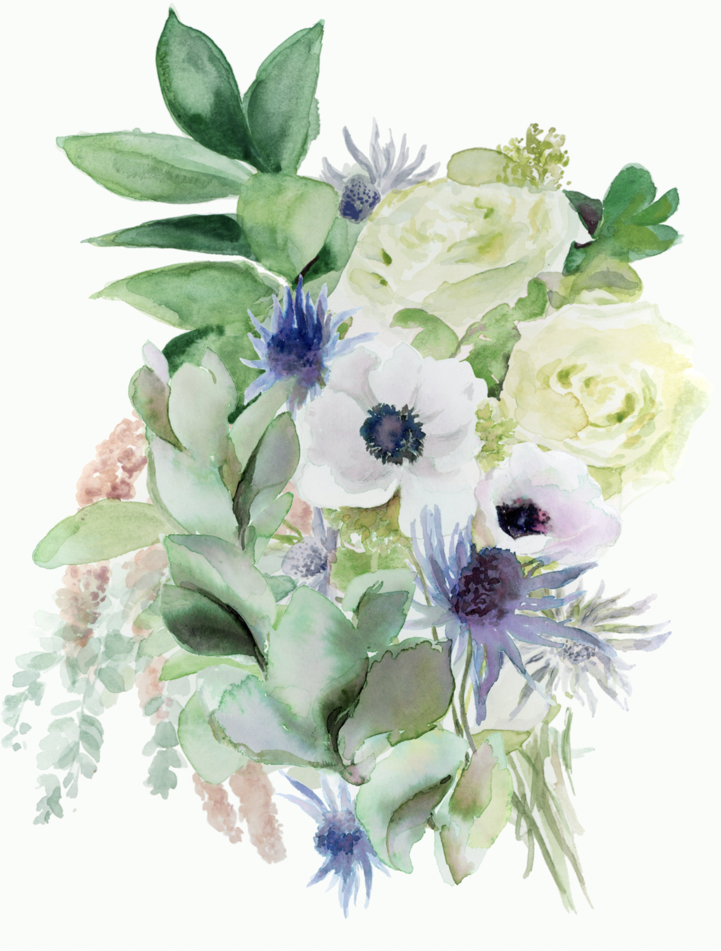 Watercolor painting of a bouquet with various green leaves and white, purple, and yellow flowers.