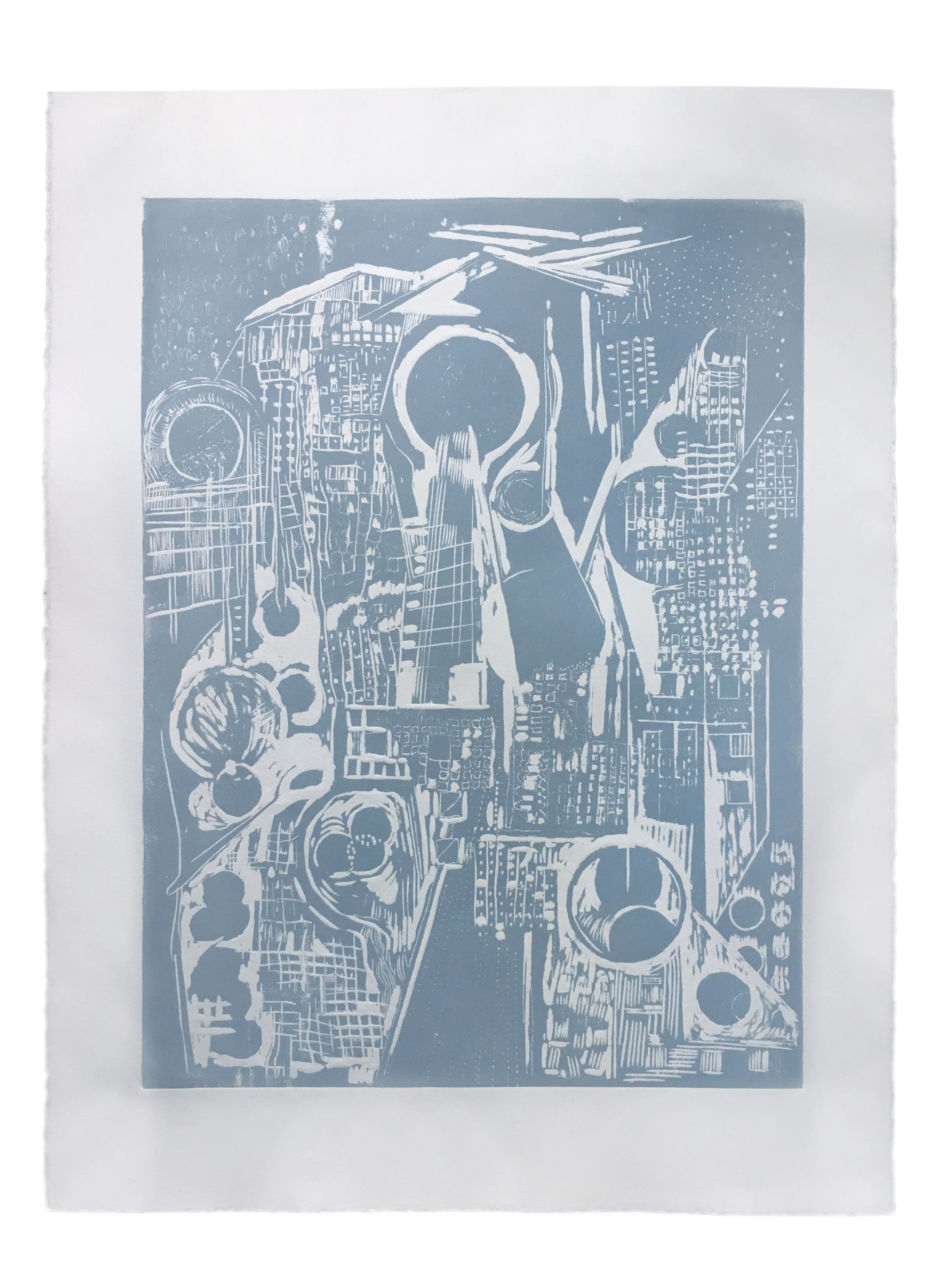 UNSUSPECTED ARRIVAL Woodcut Image: 17 3/5 inches x 23 3/8 inches Paper: 22 inches x 30 inches Printed by Kathy Caraccio Printmaking Studio ©2022 Carol Morrison
