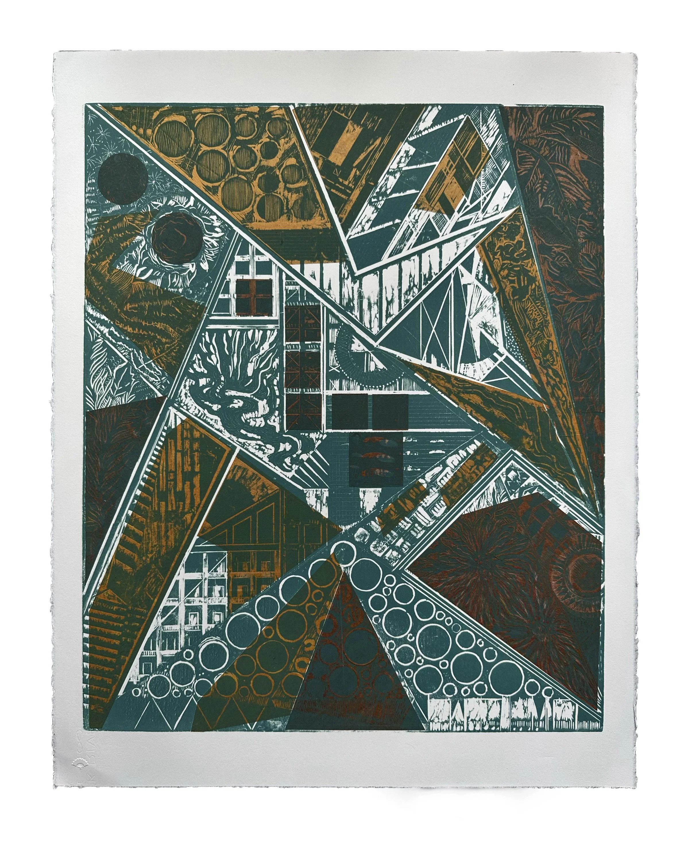 BOTH ARE REQUIRED I Woodcut with chine collé: Series of 2 Image: 19 5/8 inches x 23 3/4 inches Paper: 22 inches x 30 inches Printed by Kathy Caraccio Printmaking Studio