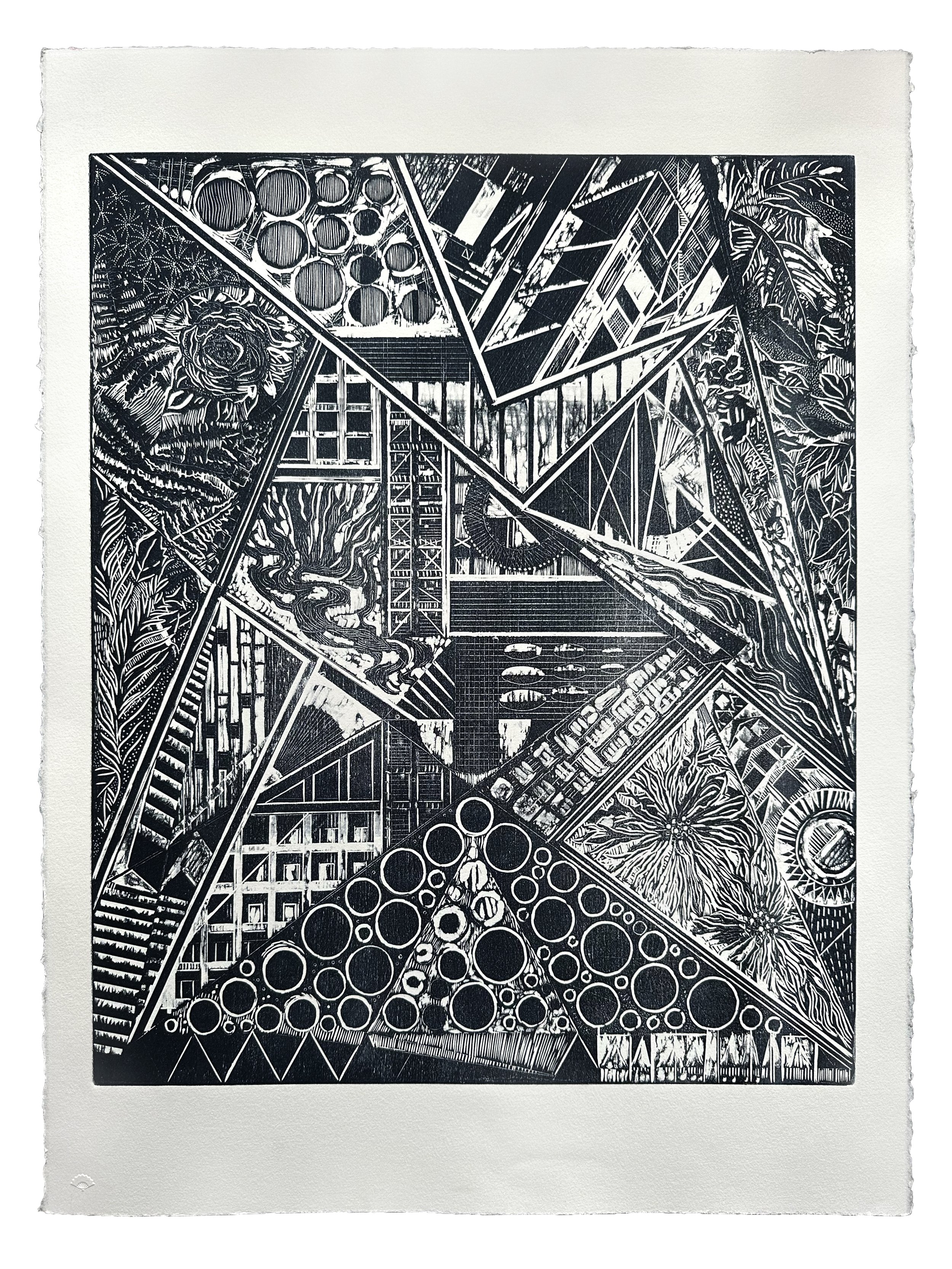 NATURE HAS THE LAST LAUGH Woodcut Image: 19 5/8 inches x 23 3/4 inches Paper: 22 inches x 30 inches Printed by Kathy Caraccio Printmaking Studio ©2025 Carol Morrison 