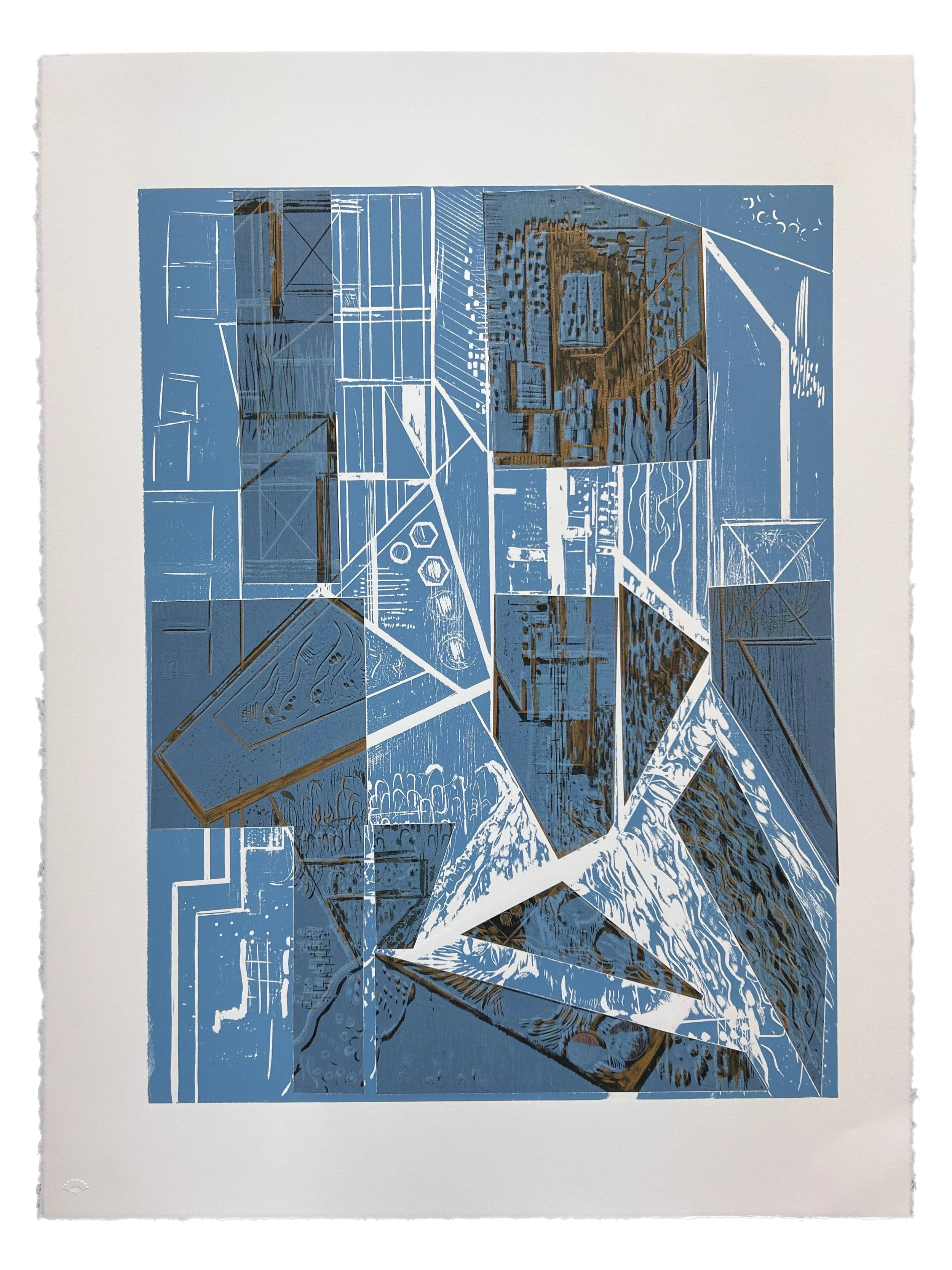 BETWEEN THE LINES series Woodcut with Embossed Chine-Collé Image: 18 inches x 24 inches Paper: 20 inches x 26 inches Series of 4 Unique Prints ©2021 Carol Morrison Printed by Kathy Caraccio Printmaking Studio 