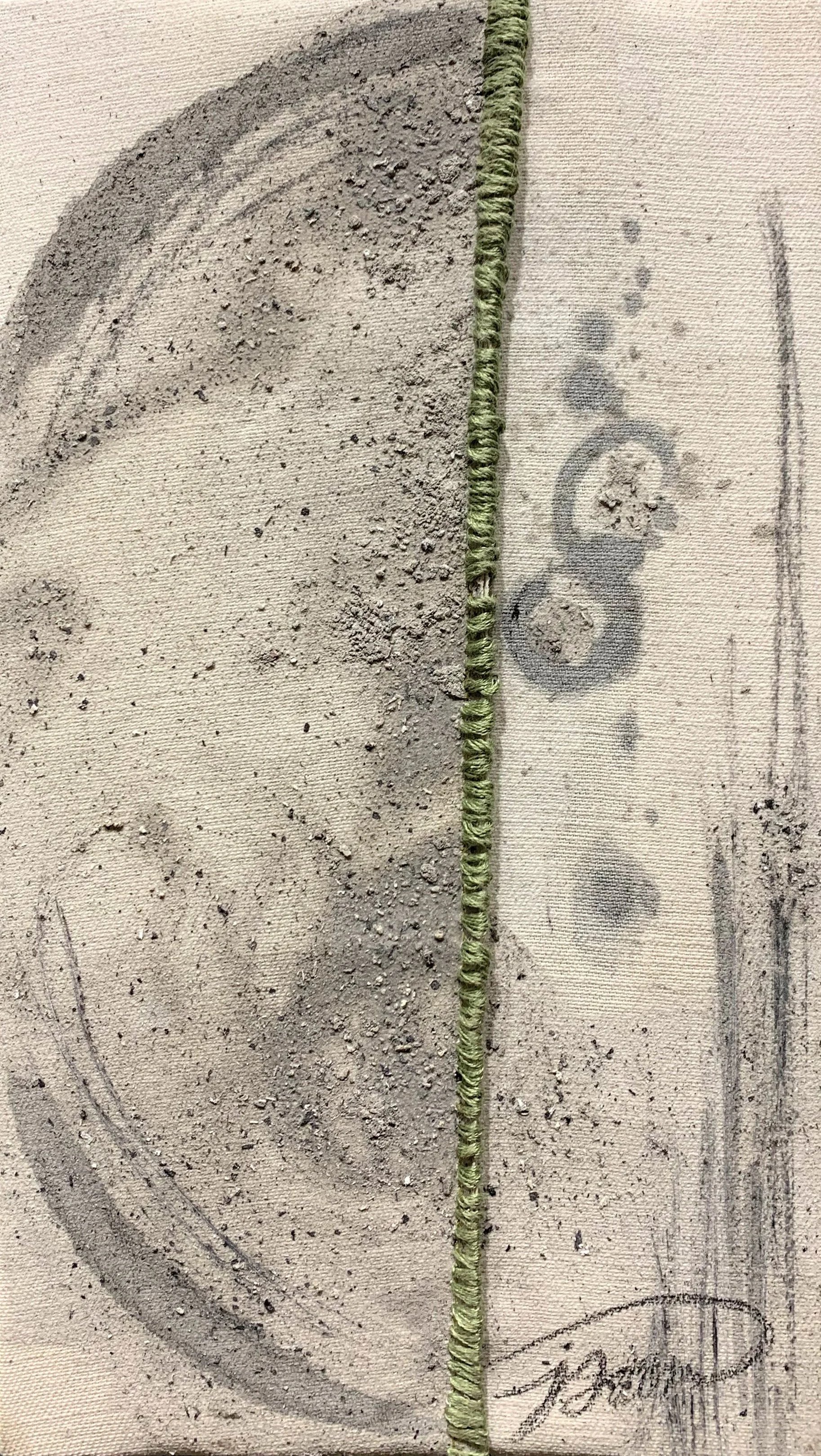 rekindled painted with ash and charcoal, hand stitched details bringing two sides of work together.