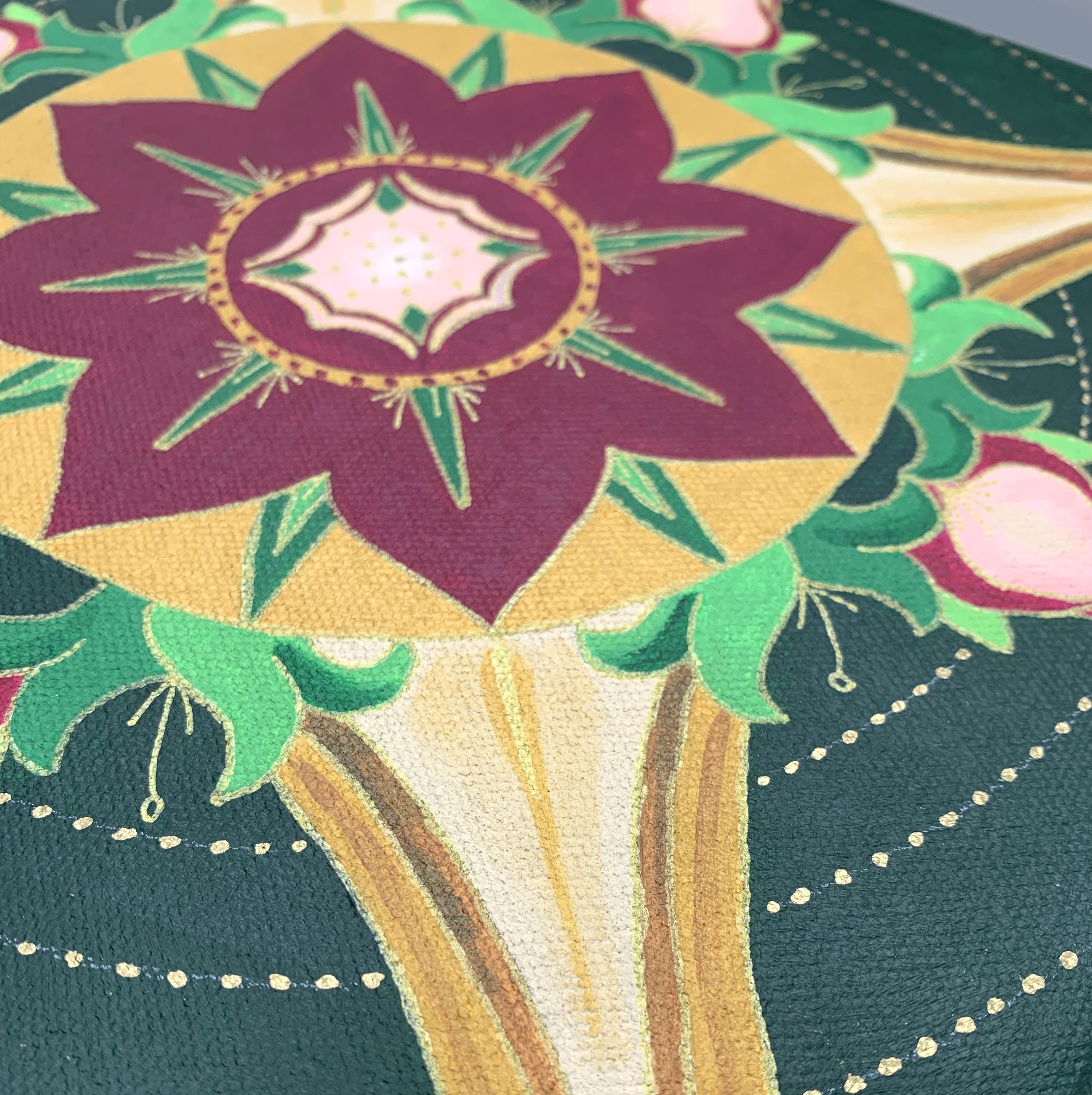 detail of emerald and roses painting by jill sans