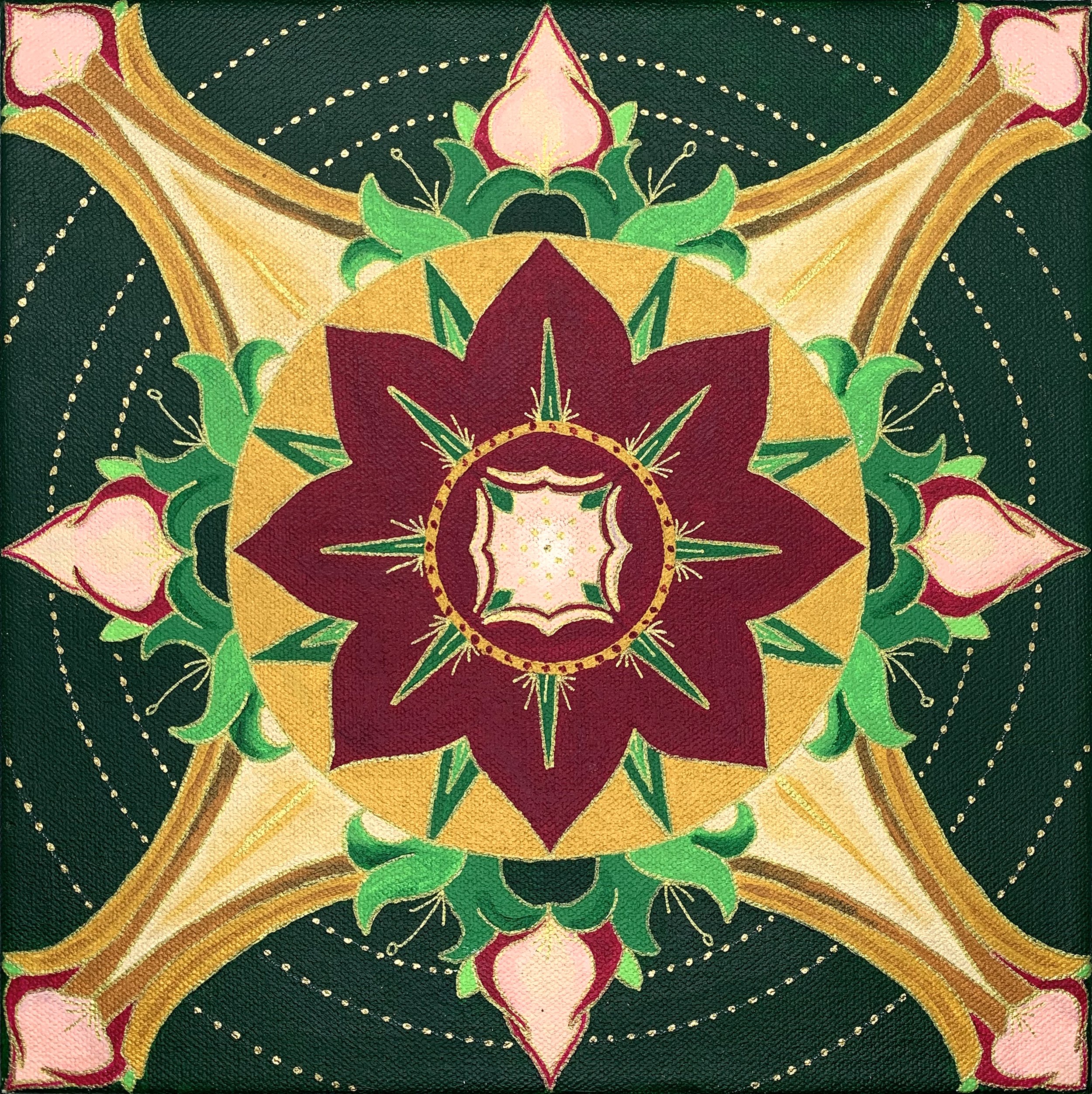 Emerald green and Roses in this mandala painting