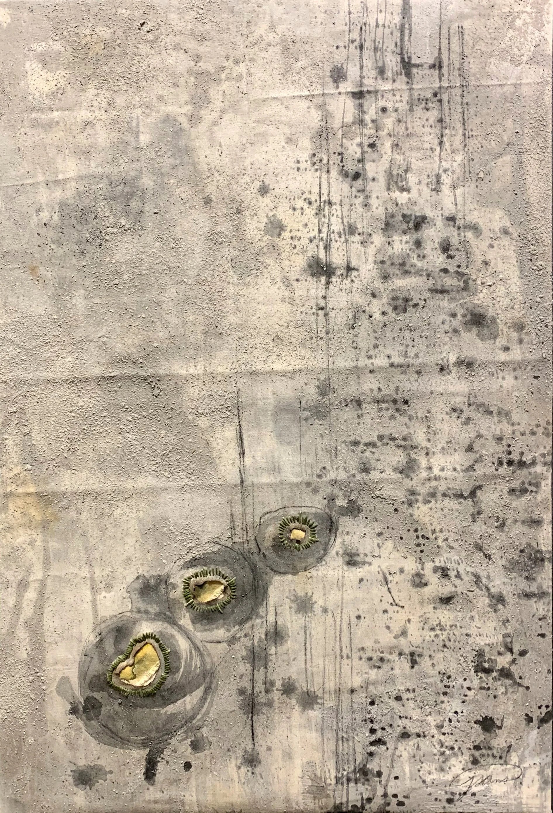 painting created with ash from burned ponderosa pine, accents of green grass ink.