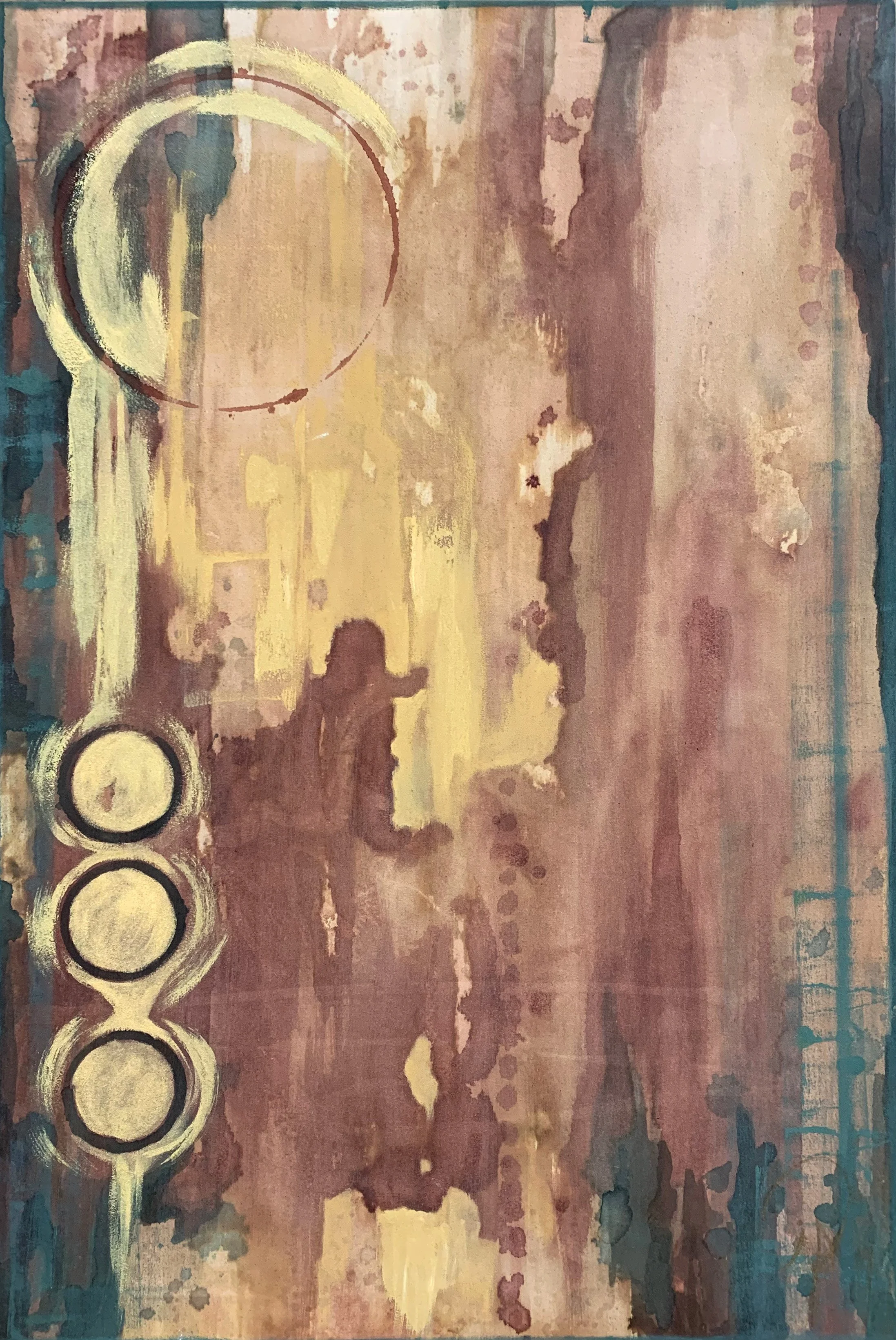 Earth tones with rich teal colors and gold mica circles