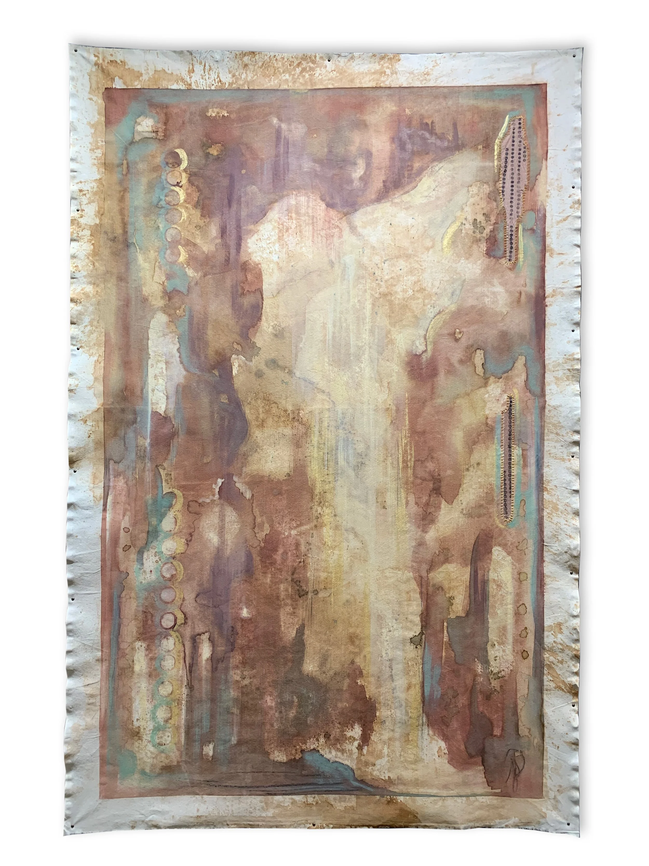 Large raw canvas painting with earth pigments and botanical inks, hand-stitched and block printed details
