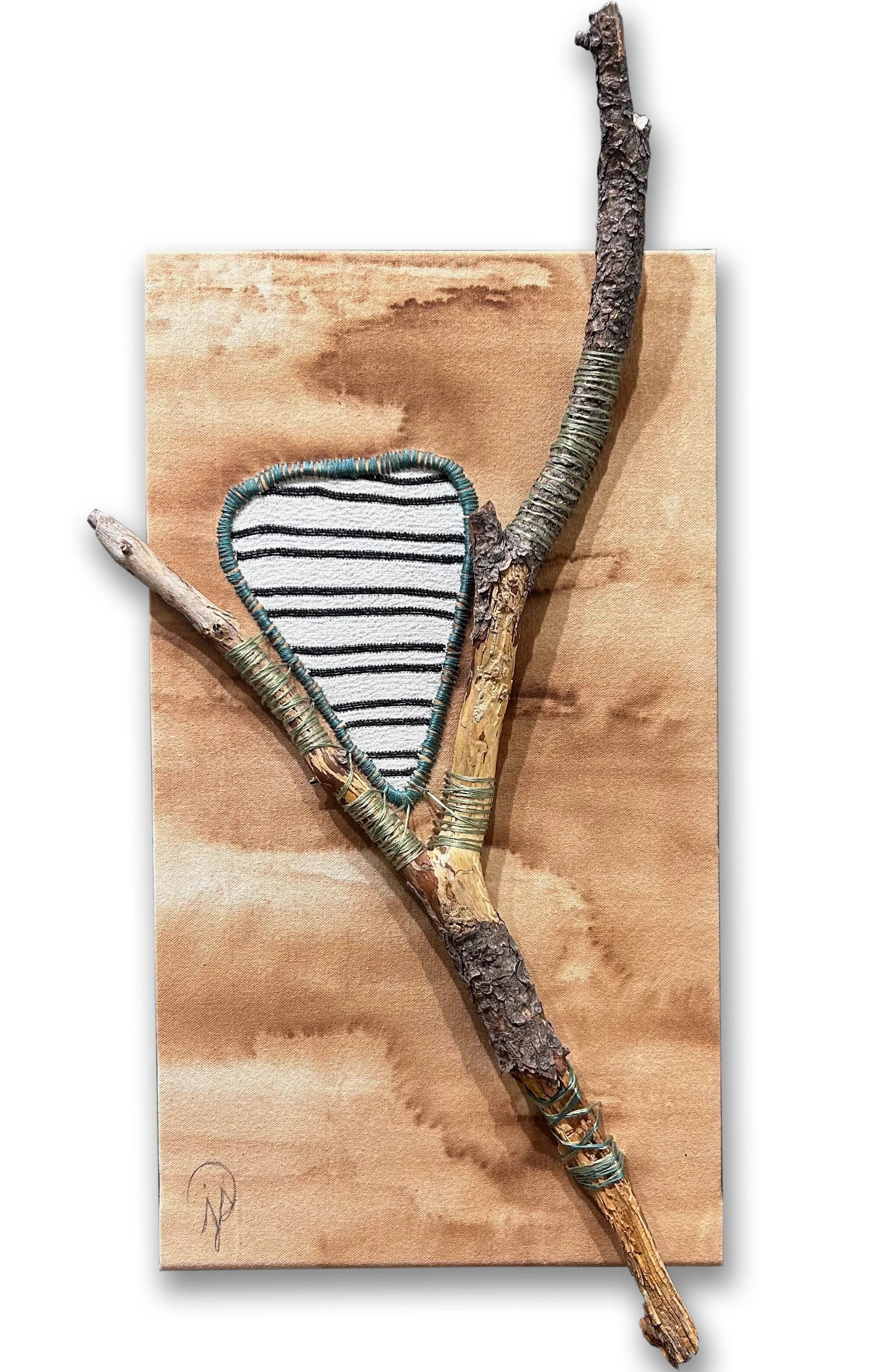 Ponderosa pine ink on canvas with branch stitched into the canvas.