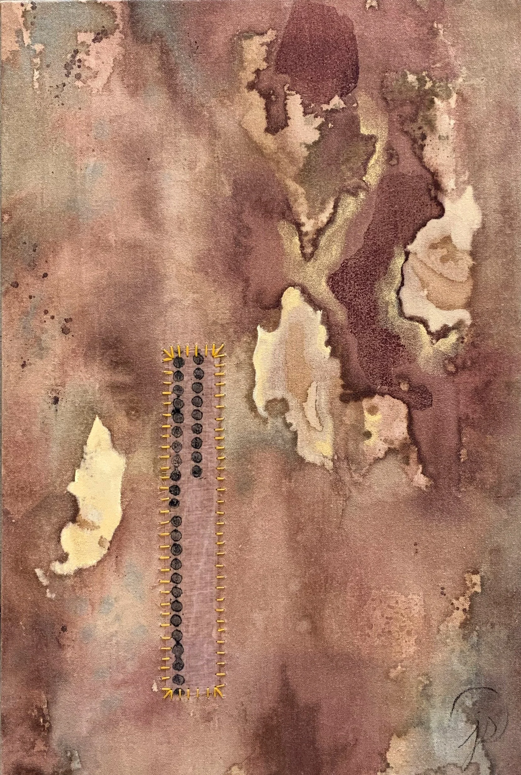 coffee and avocado ink on canvas with hand-stitched details