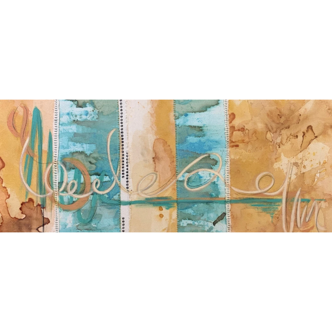 Long, horizontal painting with shades of turquoise and yellow and orange, Hand-stitched details and block-printed designs. Made with Yellow onion skin and copper ink. Oil paint from Malachite and Orange travertine