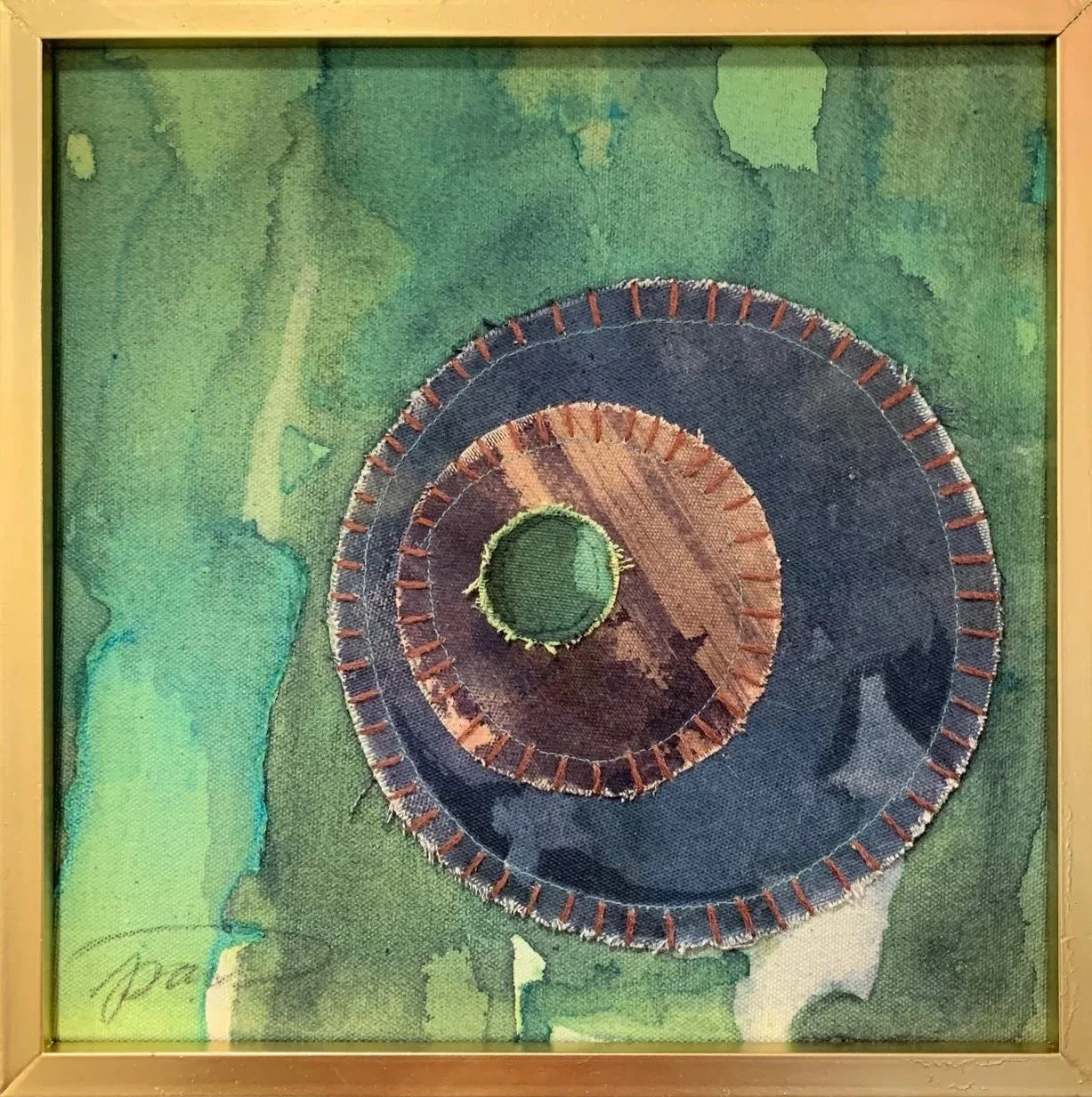 Painting of circular textile patterns, hand-stitched details. Shades of green, purple and pinks. Copper, red amaranth, purple cabbage ink