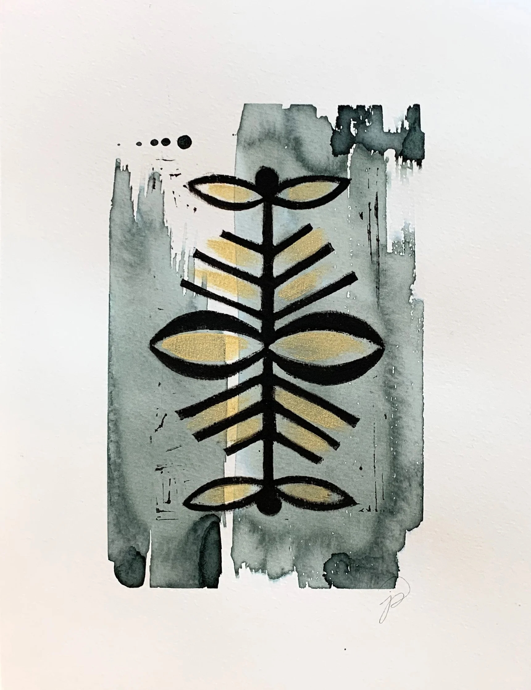 Framed botanical ink on paper with block-print