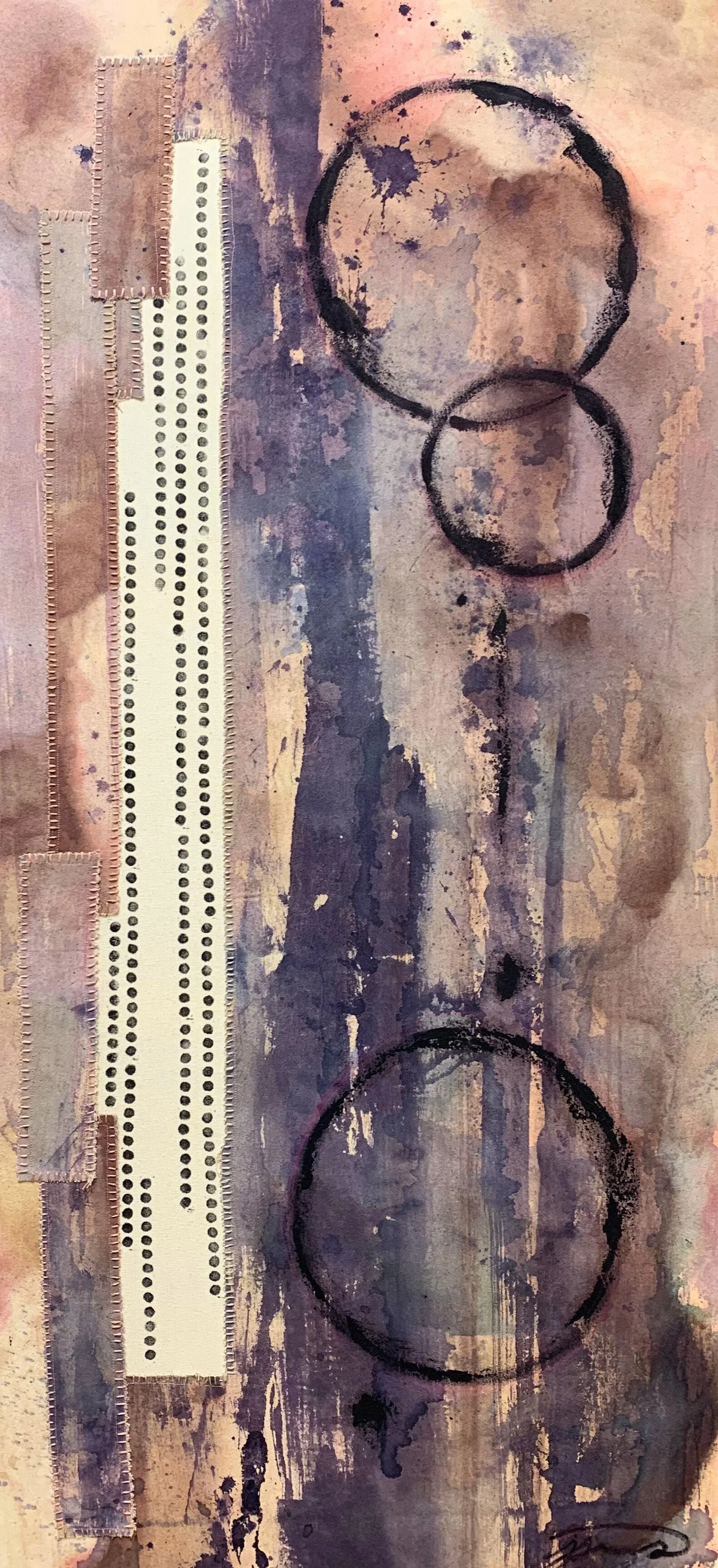 Large vertical painting, shades of pink and purple with textile collage, hand-stitched details and block-printed details. Inks used from Hopi Red Amaranth, Roses and Black Hopi Sunflower seeds.