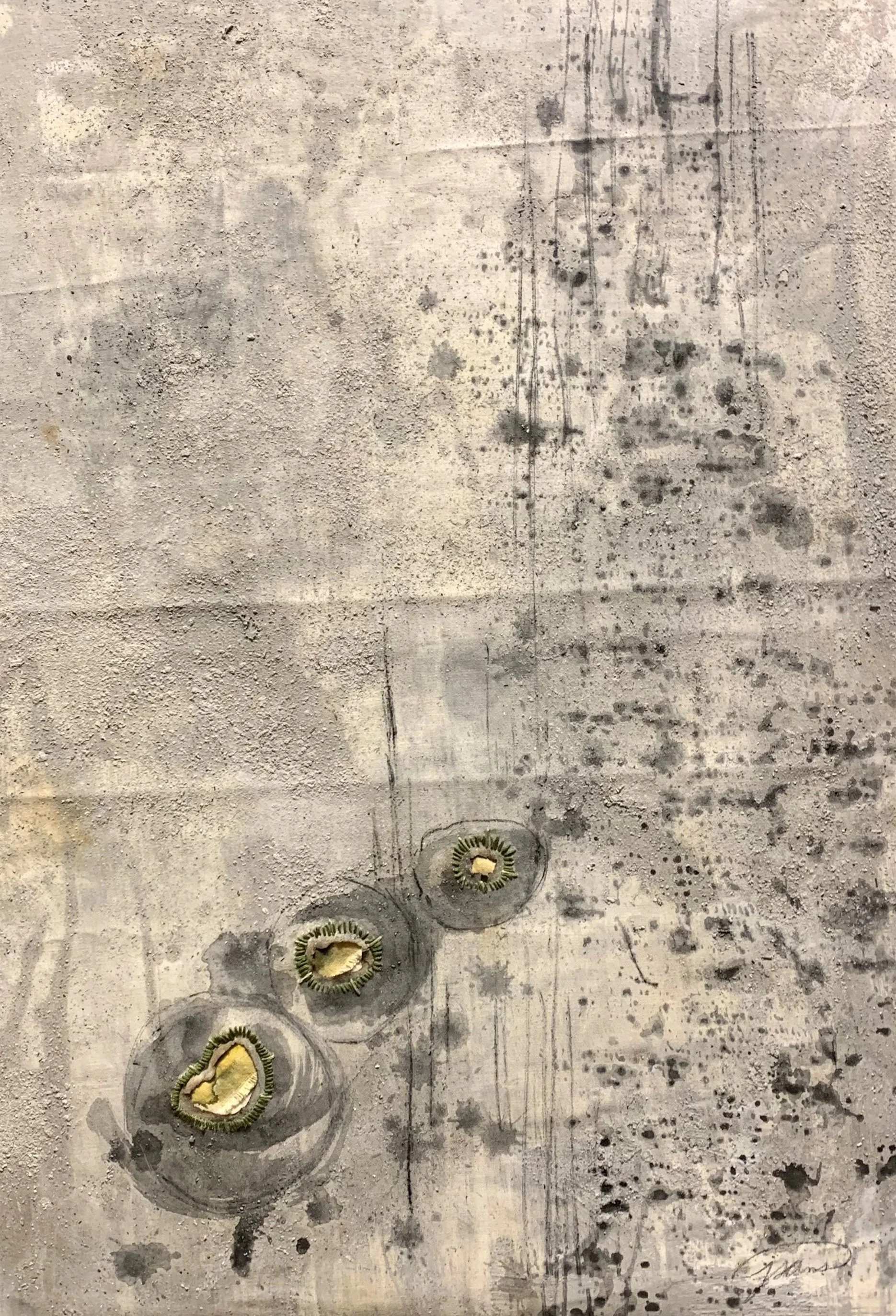 painting made with ash, charcoal and grass ink inserts.