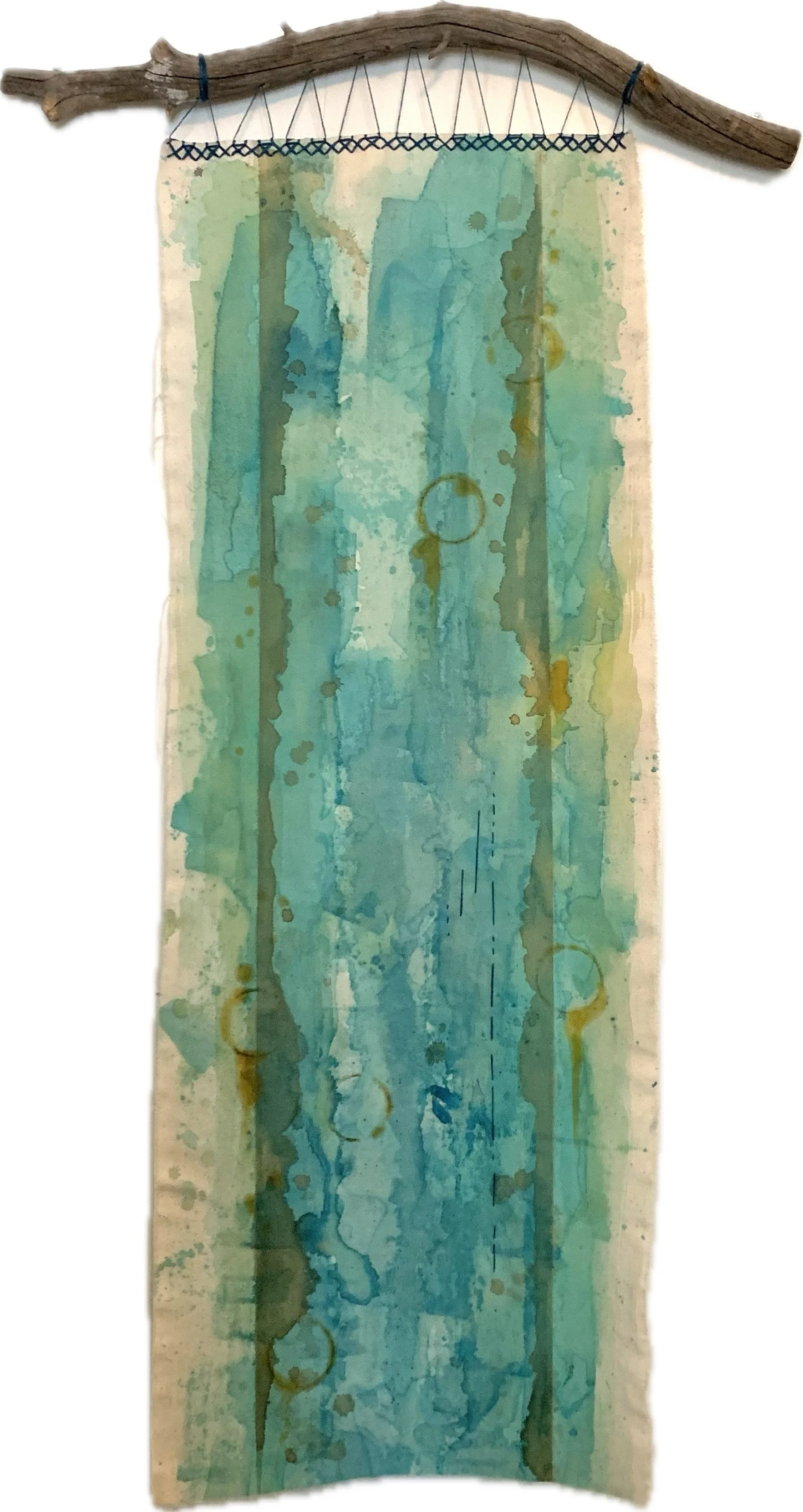 Long hanging canvas tapestry, woven onto a ponderosa branch. Made with copper ink and turmeric ink