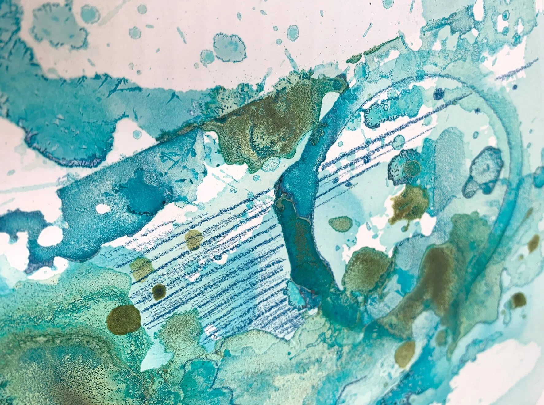 Under the Sea, turquoise hues from copper ink. Mixed media on paper