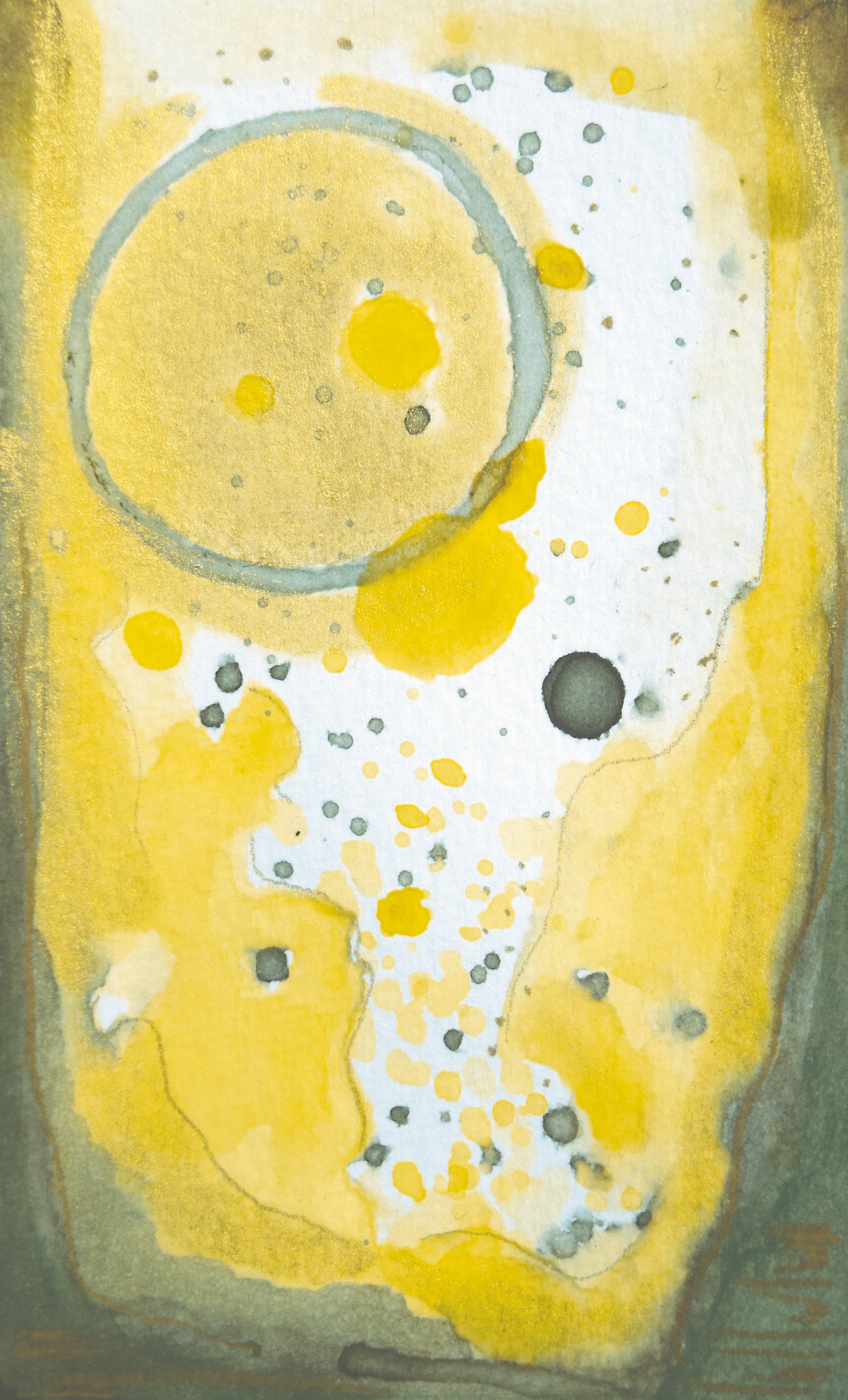 turmeric ink and grass surrounded by dots and circles