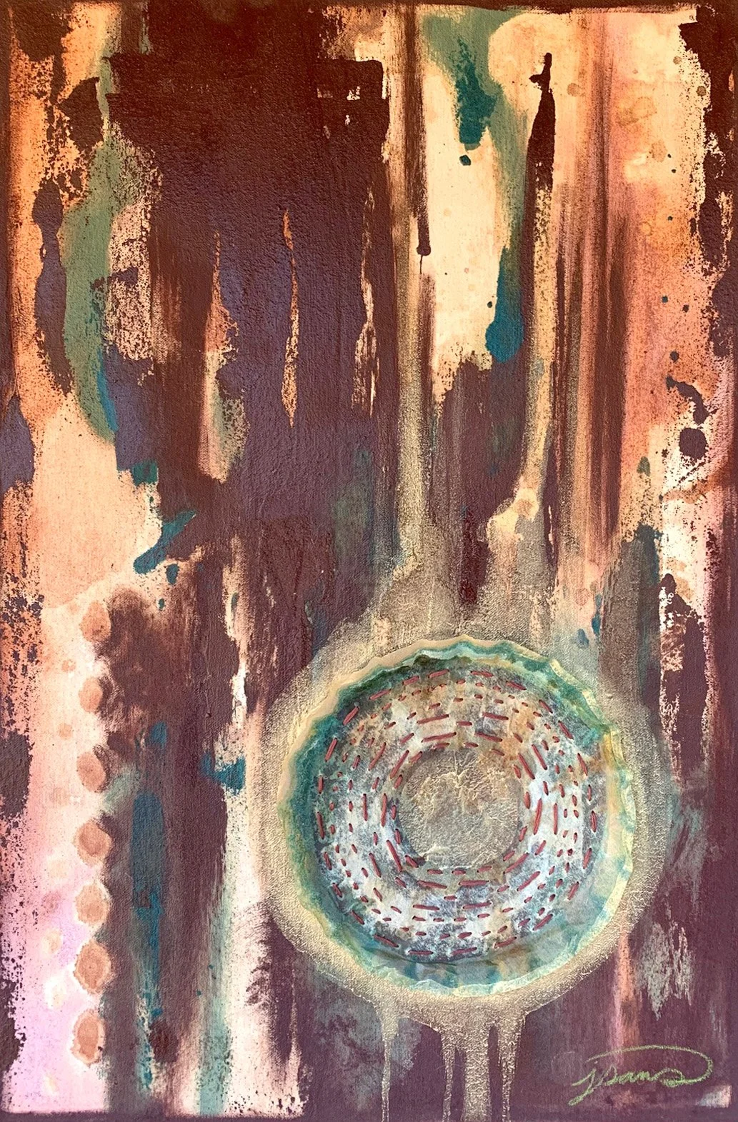 earth and mineral pigments on canvas with stitched coffee filter. Vibrant earth colors with teal and gold mica