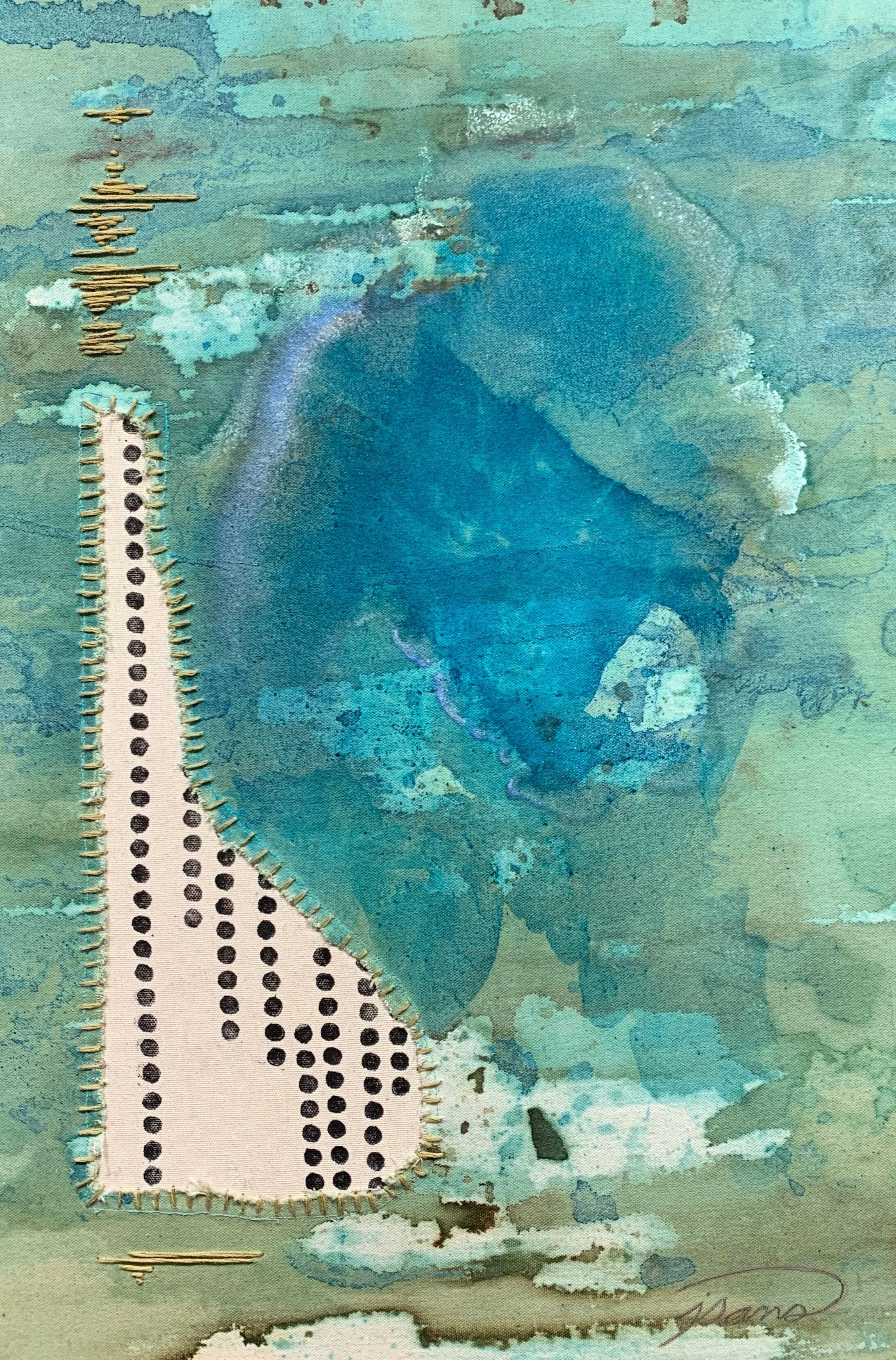 Shades of turquoise blue, block-printed details and hand-stitched accents. Painting made with copper and ponderosa pine needle ink