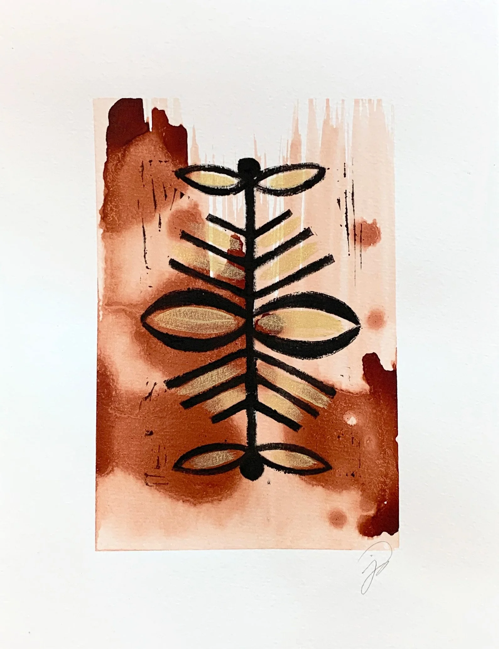 Framed botanical ink on paper with block-print