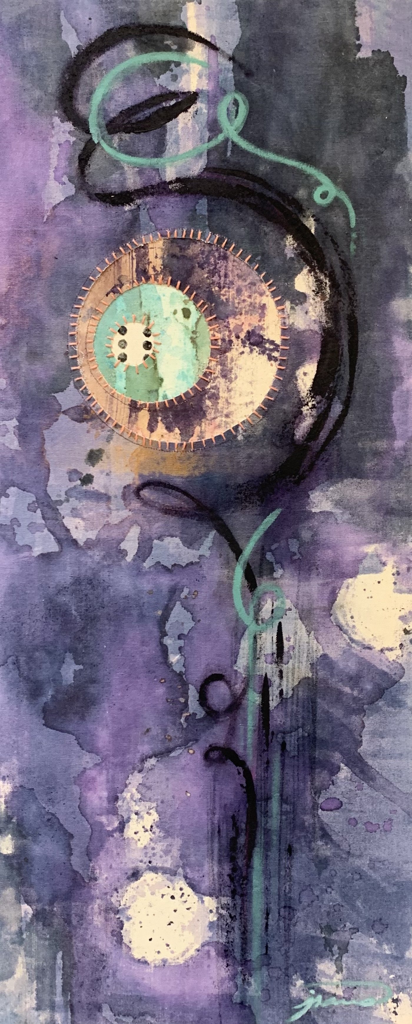 vertical paintings with circular insets, hand-stitched and block-print. Purples and pinks with hints of turquoise