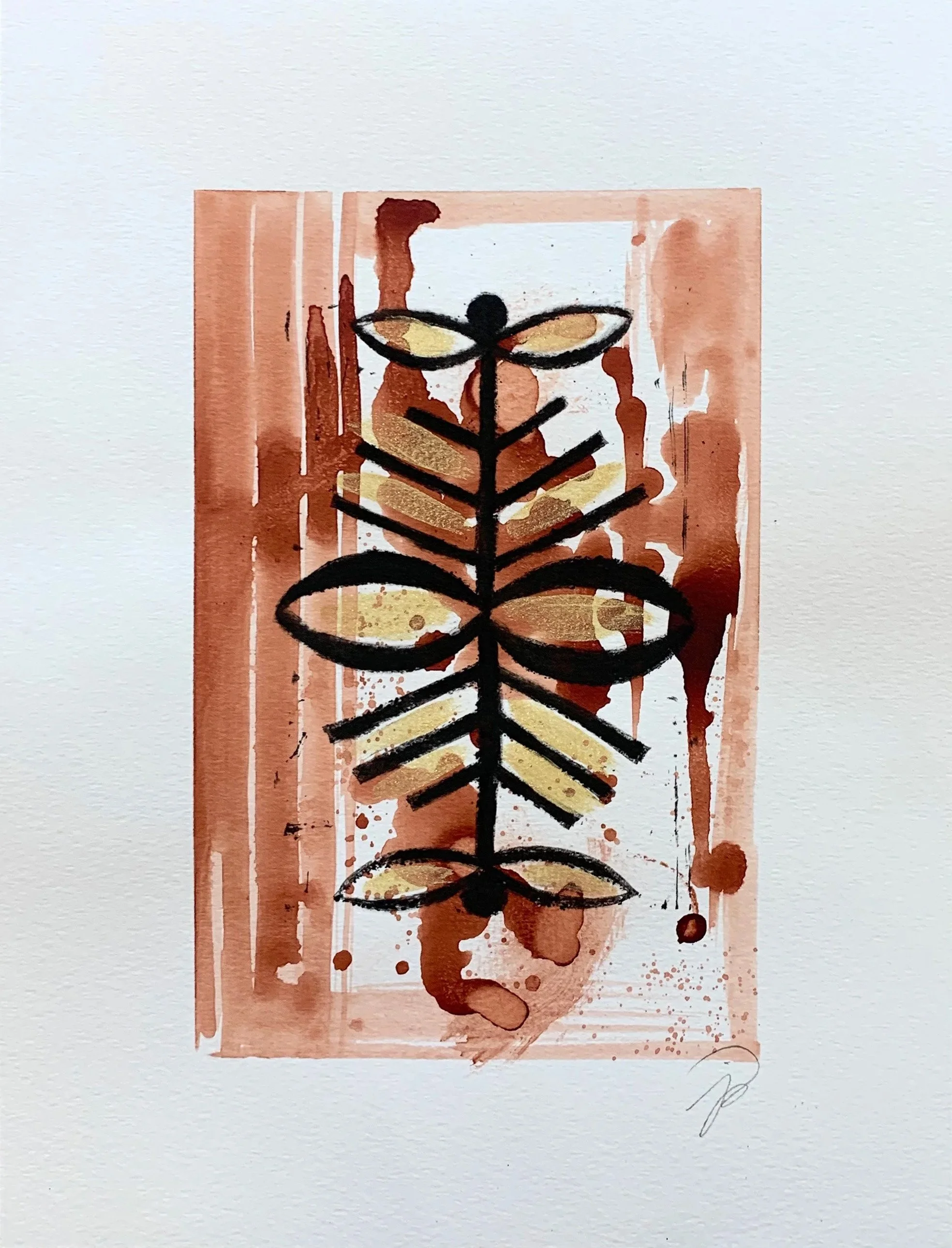 Framed botanical ink on paper with block-print