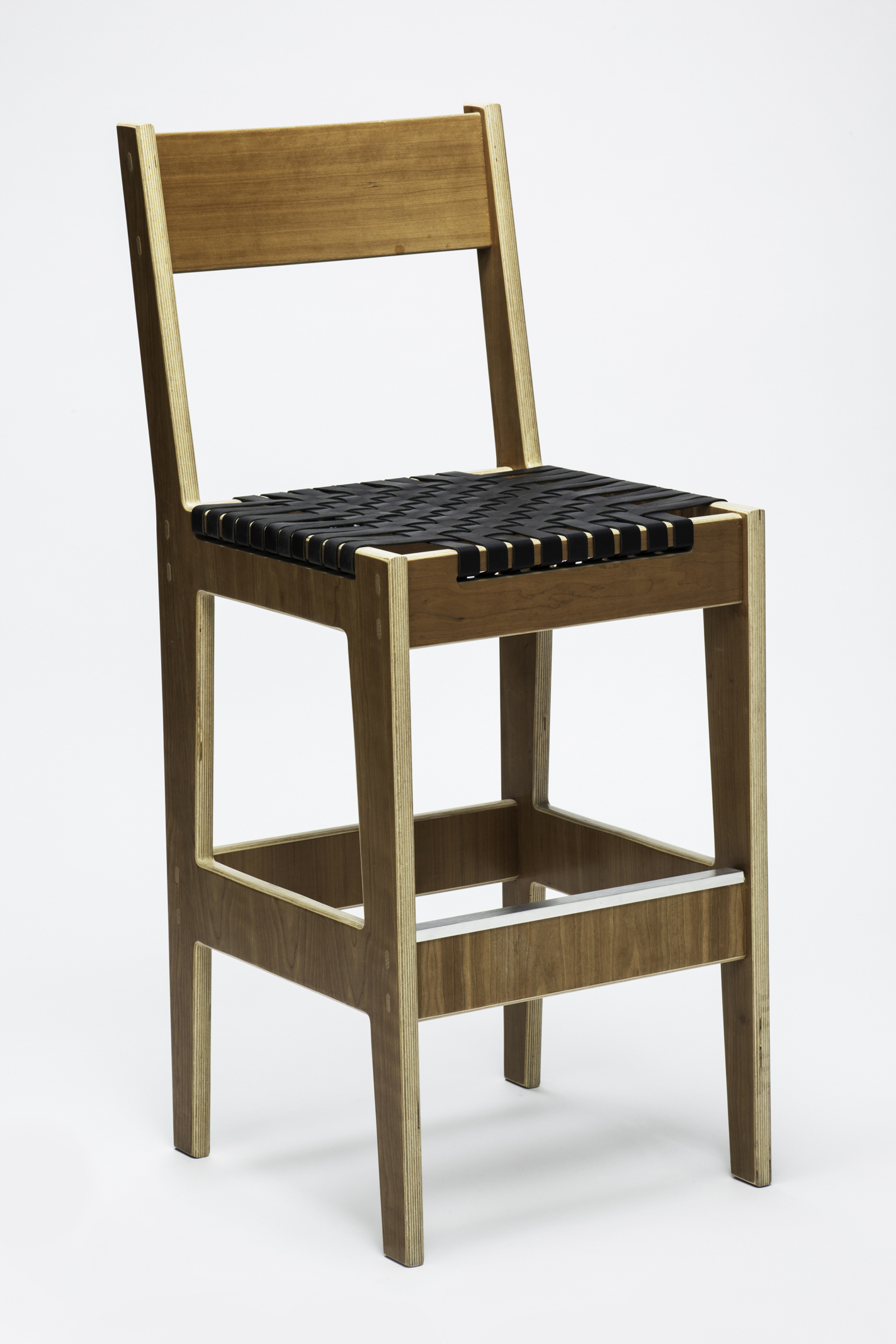Cherry Euro Plywood Barstool<br>1" Black Leather Woven Seat