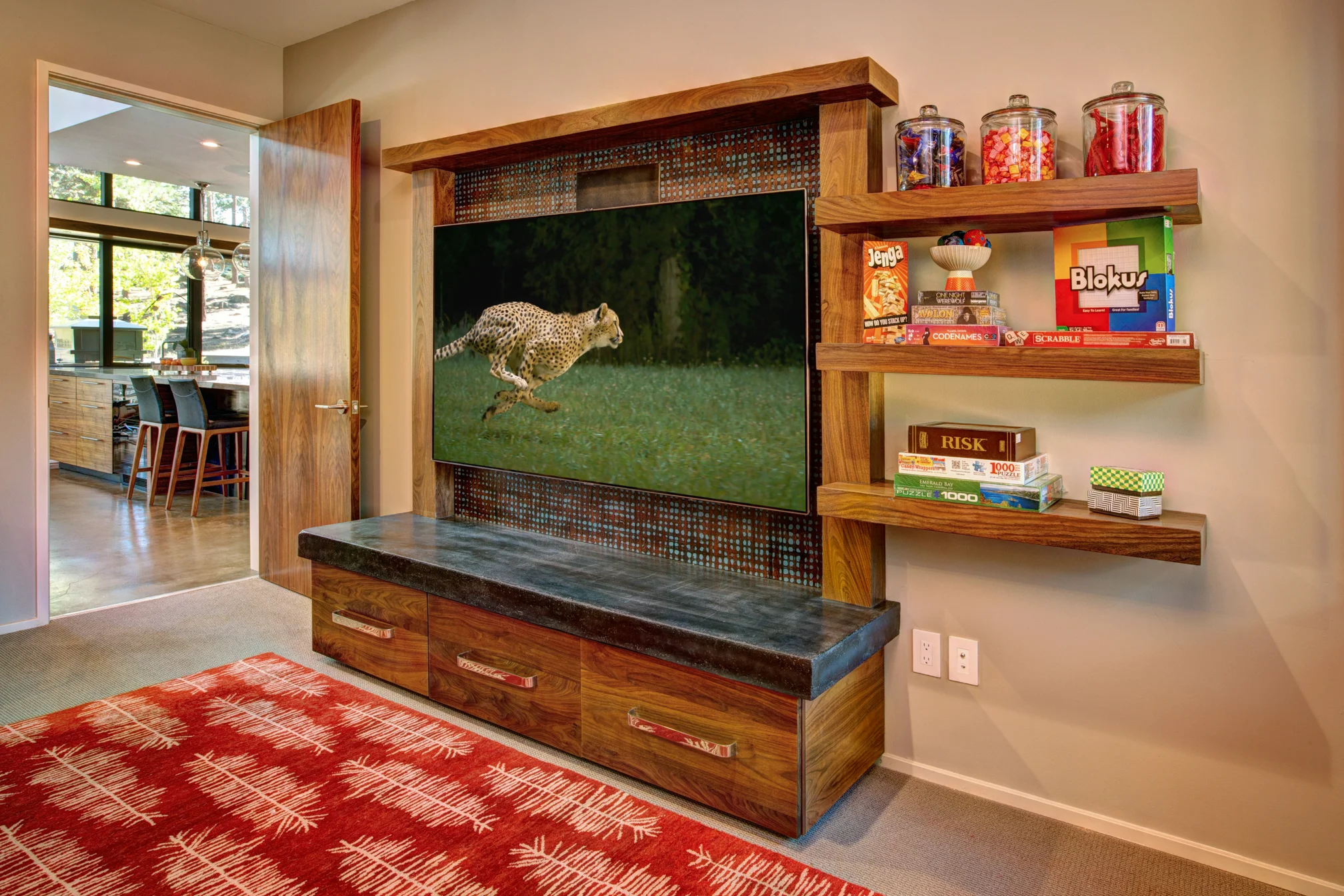 Walnut Entertainment Center with Storage Drawers and Concrete Top.