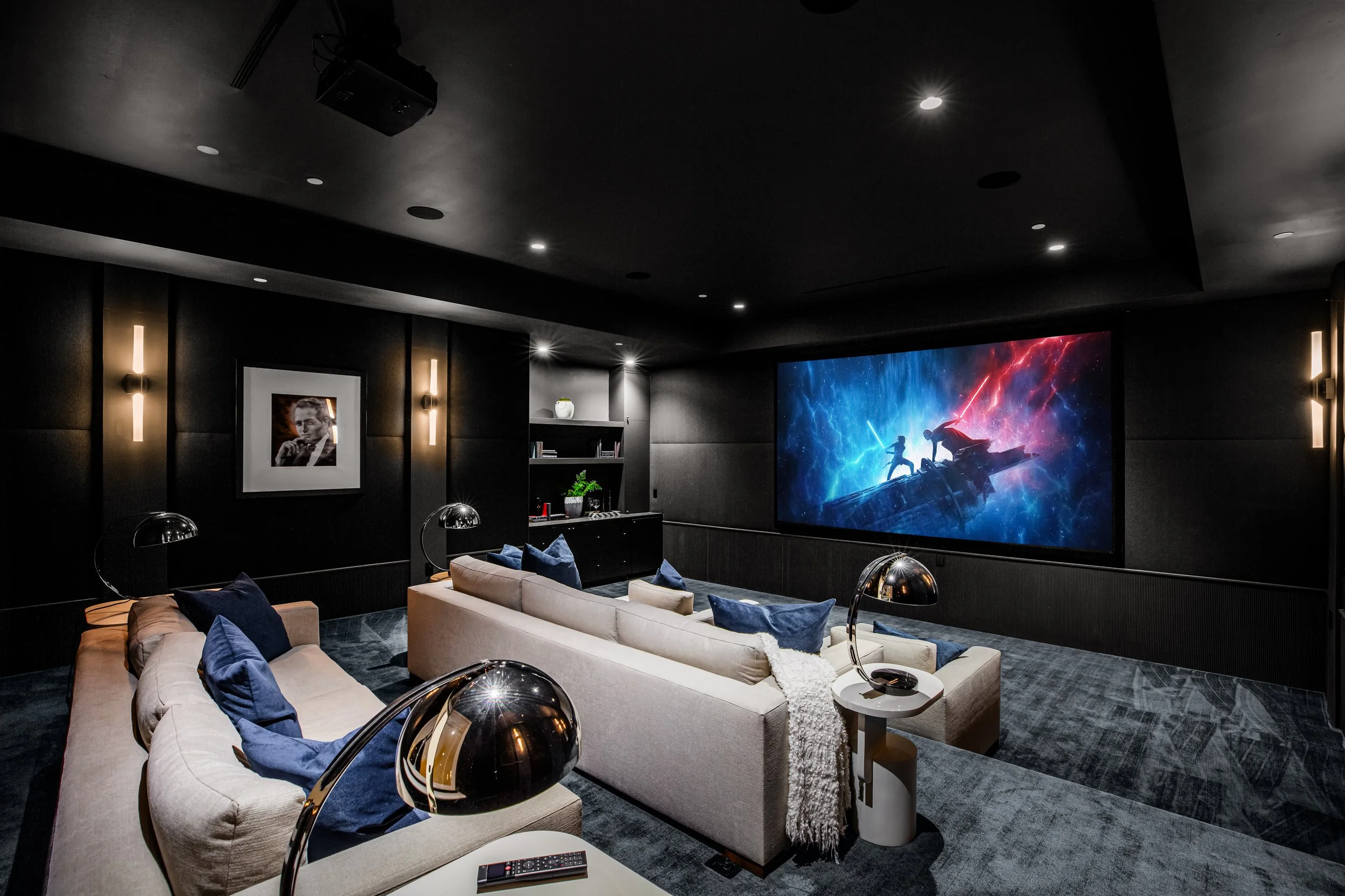 A movie theater in the basement of a new modern Beverly Hills home.