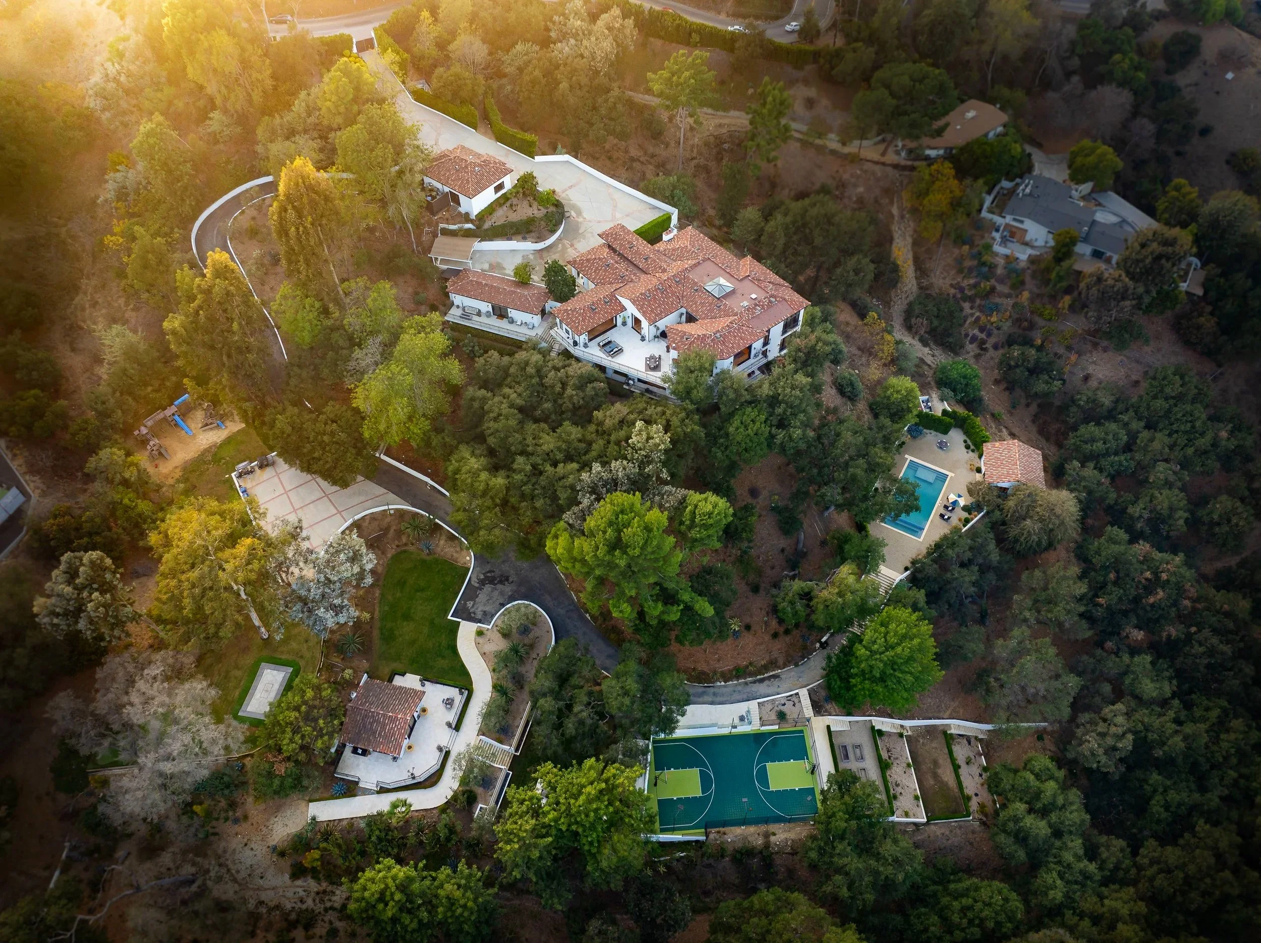 Aerial real estate photography of a luxury Los Angeles estate and surrounding landscape