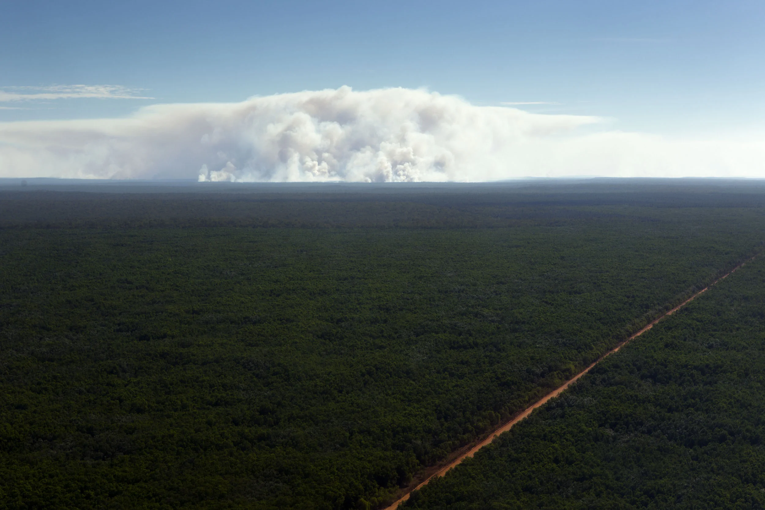A smoke cloud rises from a controlled bushfire on Melville Island, Northern Territory.