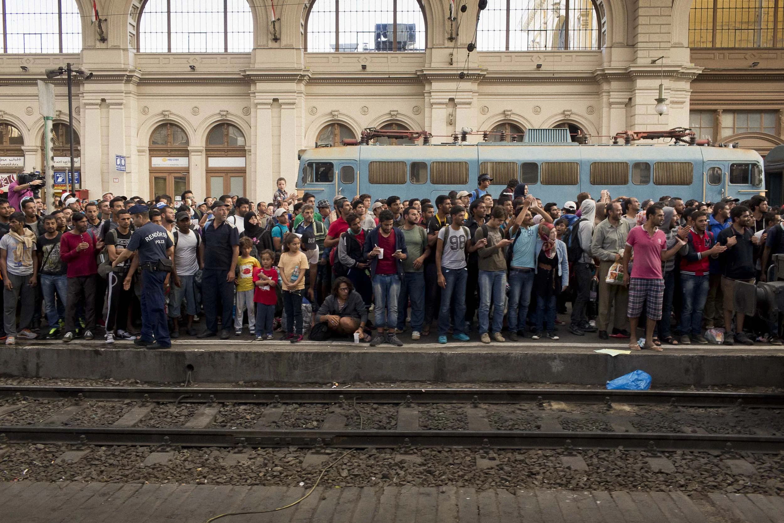 Budapest, Hungary. Refugees crowd a platform at the Keleti train station in Budapest.