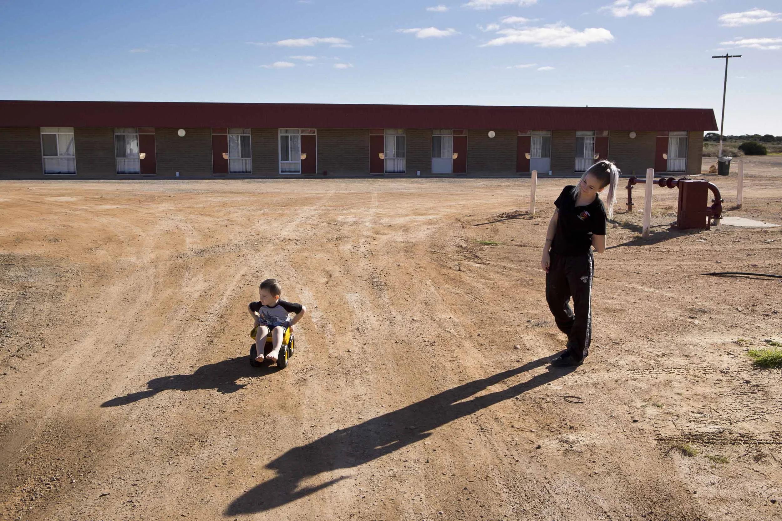 India "Indy" Hayward with her son Vincent at the Coclebiddy roadhouse, Cocklebiddy, Western Australia.