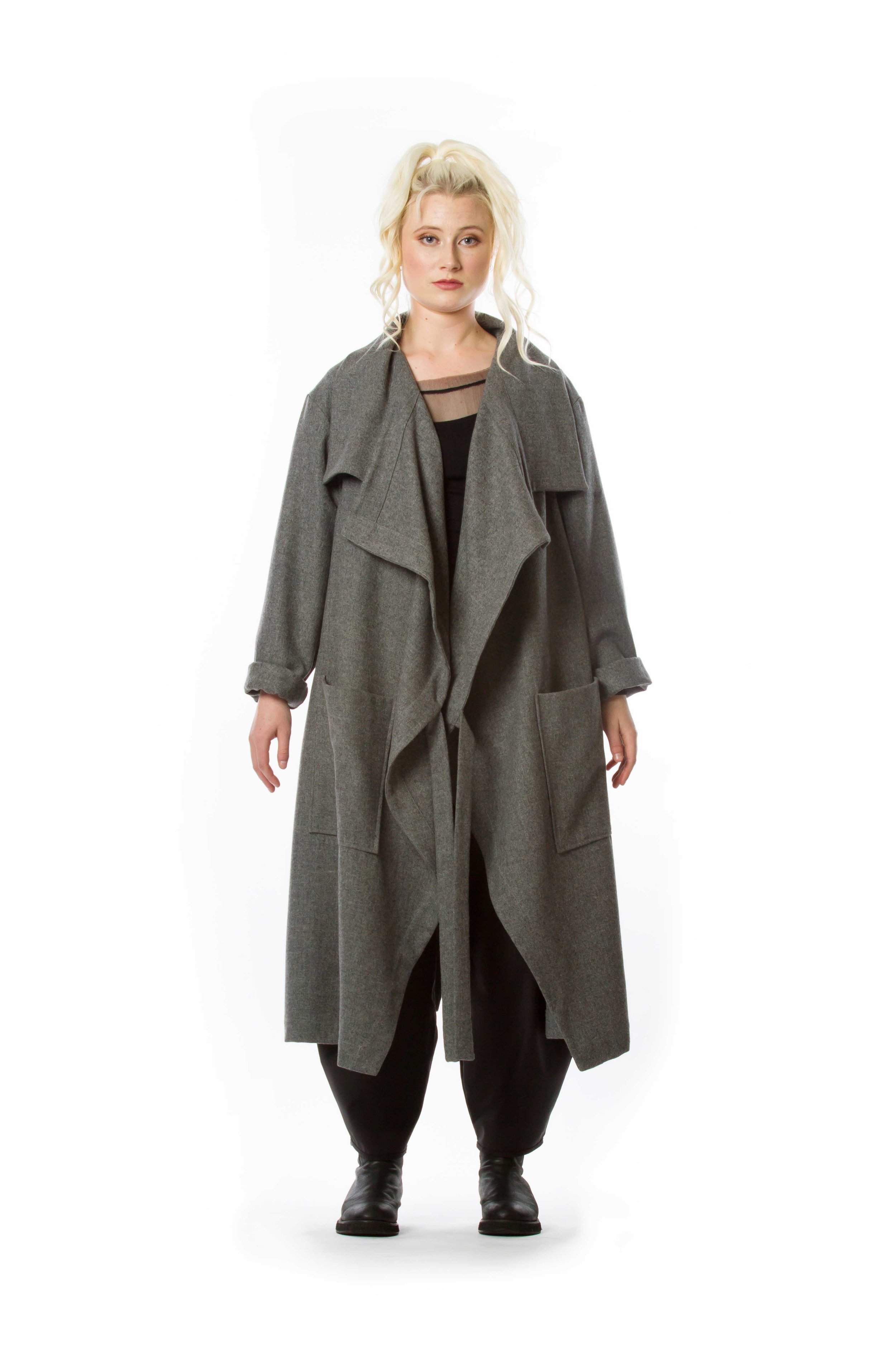 The Cupboard Diane Burkhardt Sagi Long X-Over Back Coat Essential Singlet Essential Silk Harmonie Pant Front .jpg