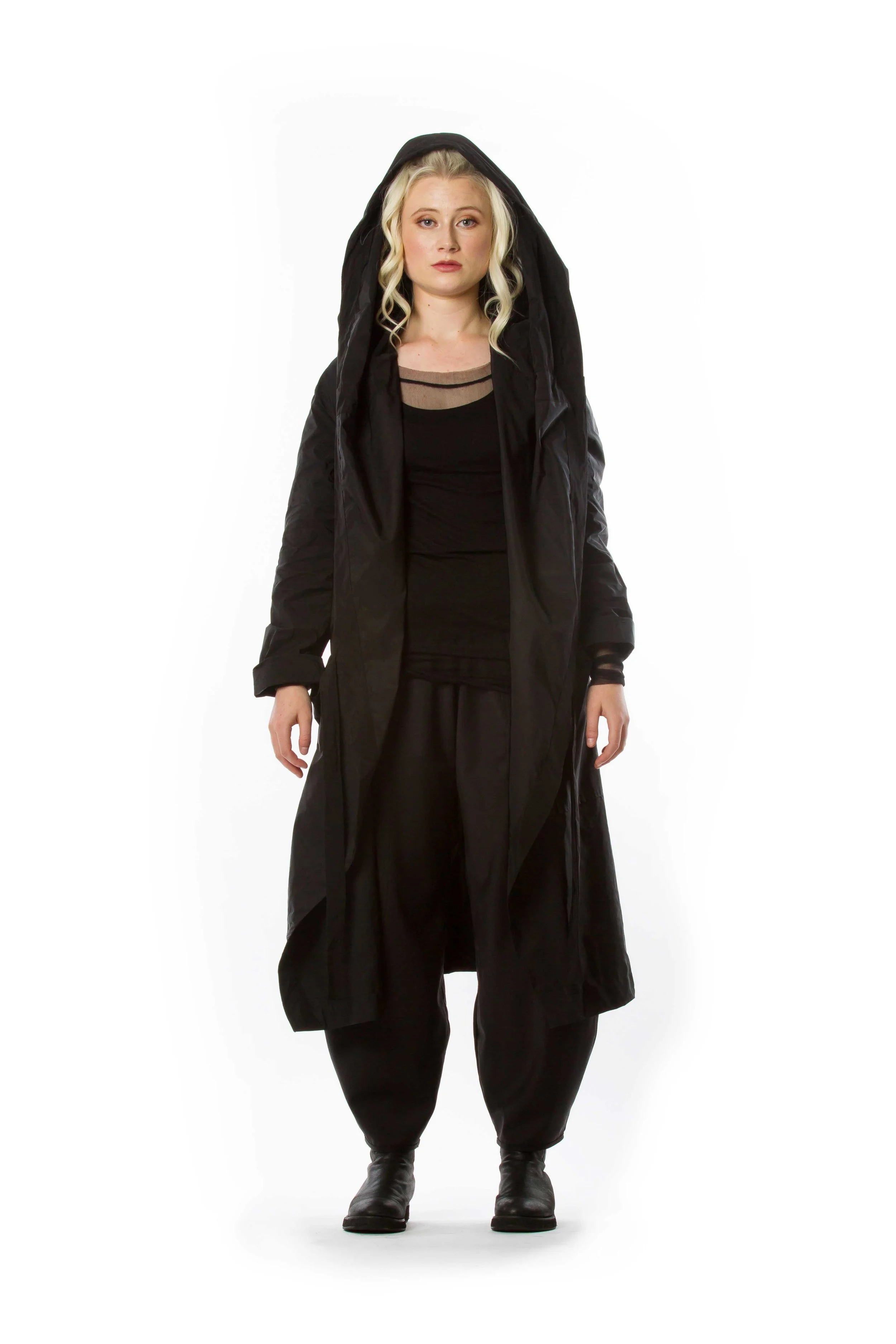 The Cupboard Diane Burkhardt Essential Singlet Essential Silk Mesh Shirt Sagi Taffeta Hooded Raincoat Harmonie Pant Front Hood.jpg