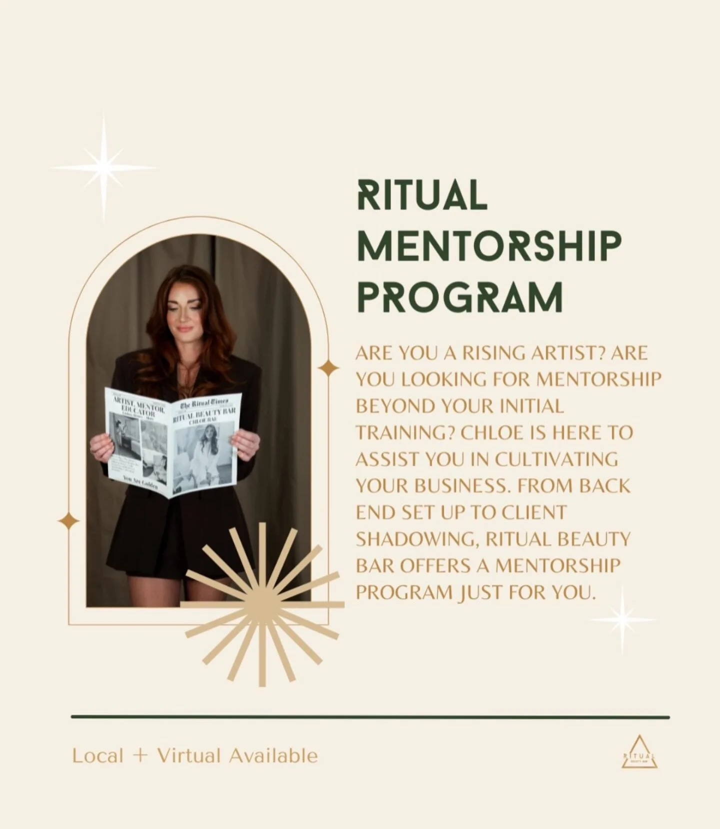&bull; Ritual Beauty Bar offers a mentorship program just for YOU! 

This program is for anyone looking for additional mentorship beyond their initial esthetics training - Do you have an area(s) of your business + business goals that you would like s