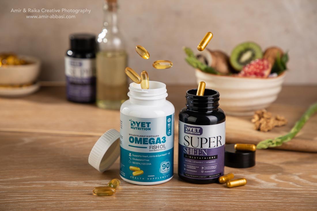 Stunning Tabletop Product Photography of L-Glutathione and Omega-3 Fish Oil Capsules by Mumbai-based Photographer
