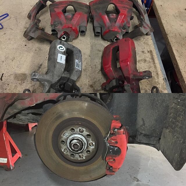 Before and after shots of brake restoration on this lovely #auditt #quattrosport #audiqs stripped and rebuilt in house, vapour blast and powder thanks to @macclean44 ive noticed a few people locally offering a brake painting service for little money 