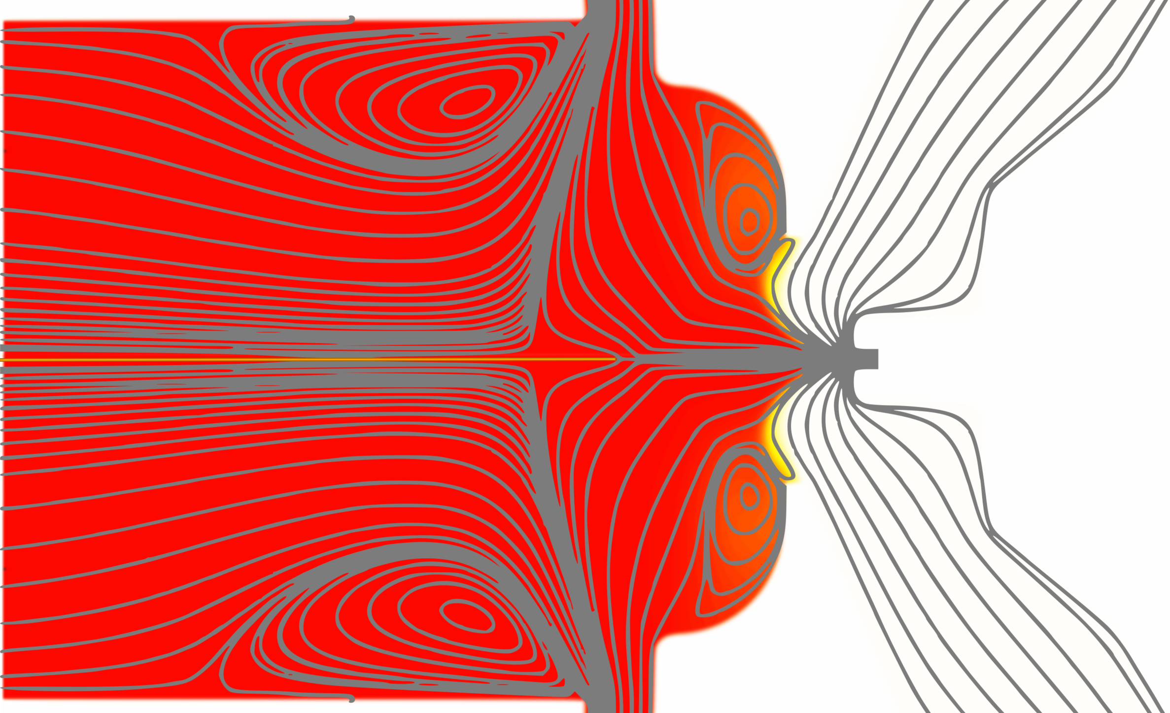 Streamlines and neutral vapor concentration distribution in a SUPER SESI (second generation), showing the toroidal vortex filled with neutral molecules. This configuration is stable and filled with neutral molecules with flows as low as 0.05 lpm.