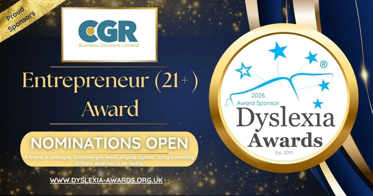 Announcement for the 2026 Dyslexia Awards sponsored by GCR Business Solutions Ltd. Recognizes individuals with dyslexia for their achievement and contribution. Features a golden medallion with stars and text about awards nominations and sponsorship details.
