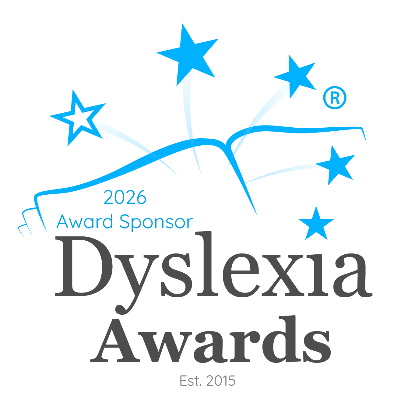 A graphic design with blue stars and a ribbon that reads '2026 Award Sponsor' and 'Dyslexia Awards.' The word 'Dyslexia' is prominently displayed in large black letters, with the word 'Awards' below it. At the bottom, it says 'Est. 2015'.
