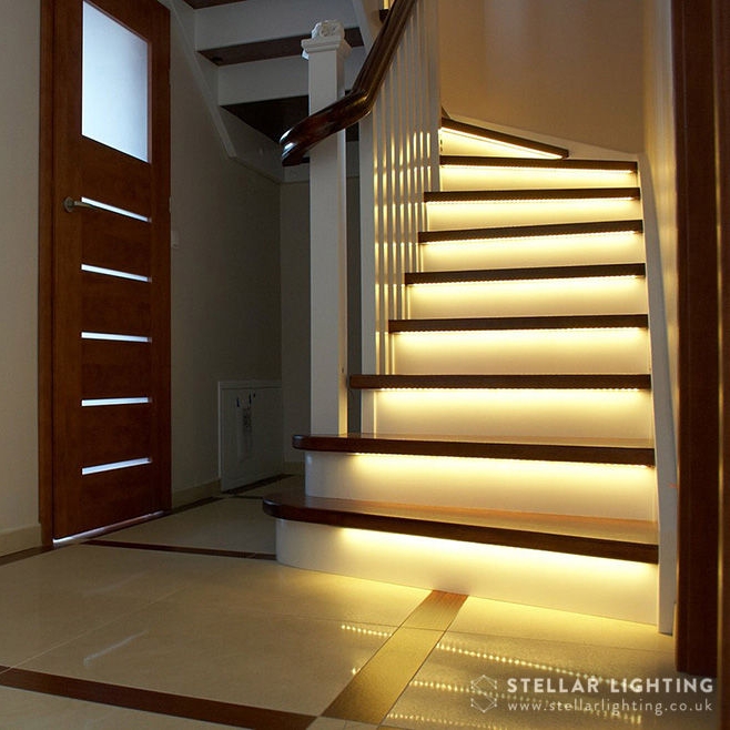 Stairway lighting linear warm white lights turned on