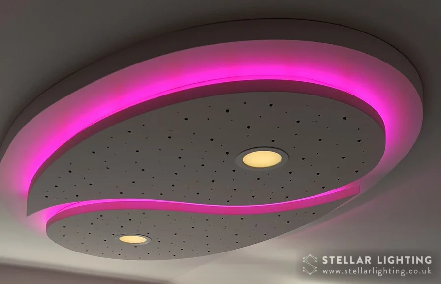 LED star ceiling - Yin and Yang with purple edge lights and spotlights