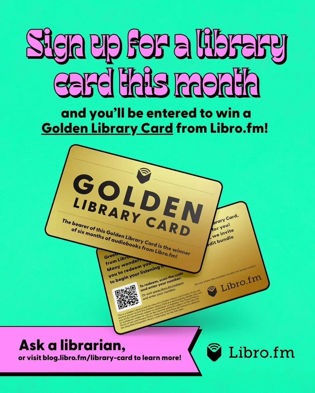 Win a Golden Library Card worth six free audiobooks! 🎫

This September when you sign up for a library card, you&rsquo;ll be entered to win a Golden Library Card from @librofm!

Make sure to stop by the library and sign up. Have questions? Feel free 