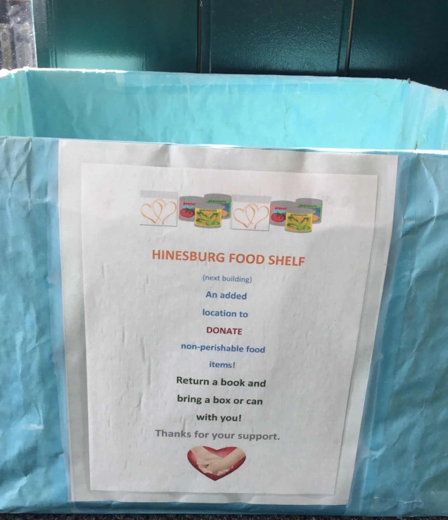 Our neighbor @hinesburgresource does a terrific job of providing support to the community in many ways, including food assistance.  If you are visiting the library and want to donate to their pantry, we make it easy.  Just look for this blue box in o